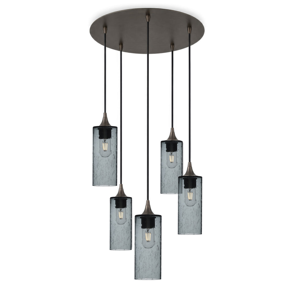 513 5 Pendant Cascade Chandelier-Glass-Bicycle Glass Co-Lunar-Slate Gray-Antique Bronze - 4ft Cord-Bicycle Glass Co