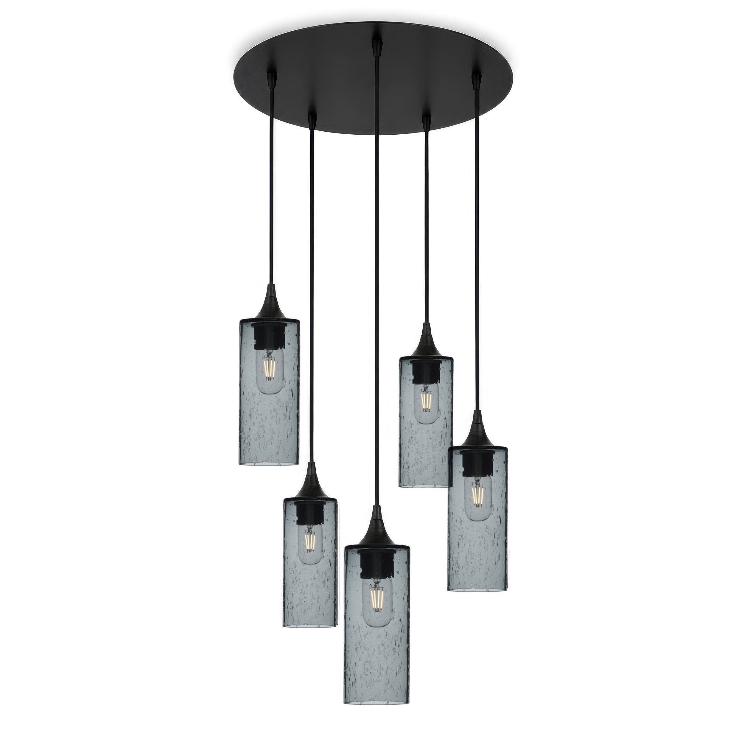 513 5 Pendant Cascade Chandelier-Glass-Bicycle Glass Co-Lunar-Slate Gray-Matte Black - 4ft Cord-Bicycle Glass Co