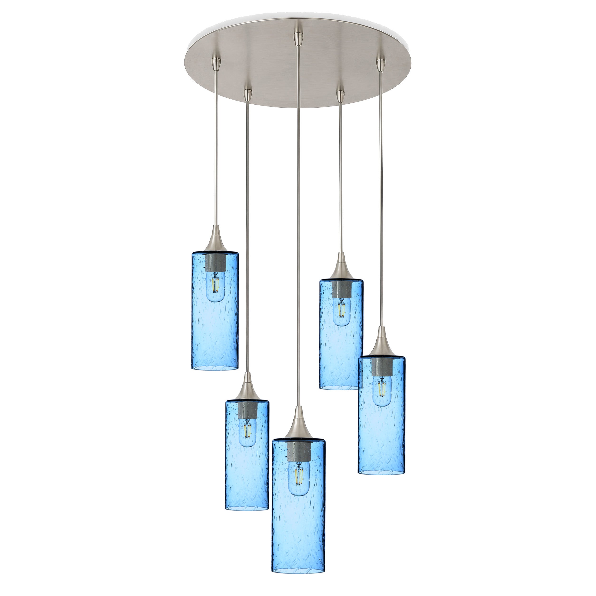 513 5 Pendant Cascade Chandelier-Glass-Bicycle Glass Co-Lunar-Steel Blue-Brushed Nickel - 4ft Cord-Bicycle Glass Co