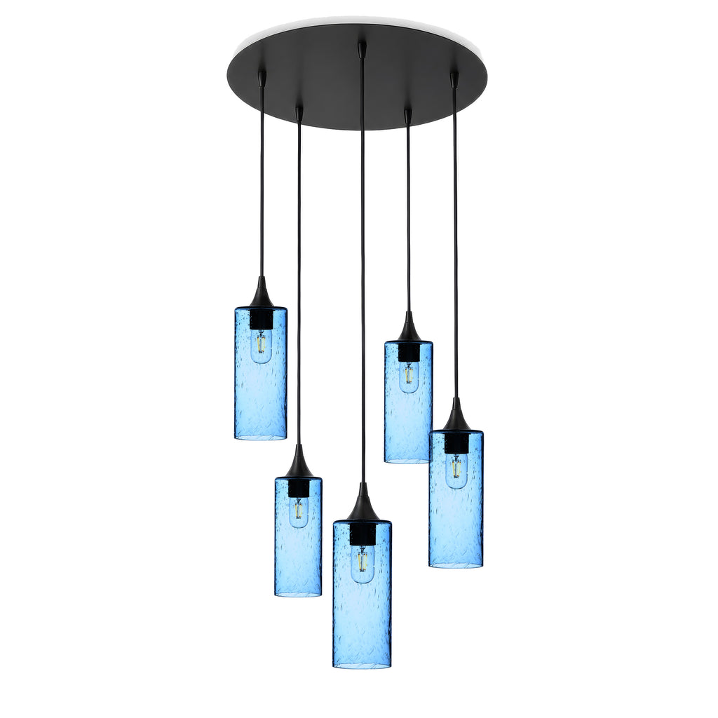 513 5 Pendant Cascade Chandelier-Glass-Bicycle Glass Co-Lunar-Steel Blue-Matte Black - 4ft Cord-Bicycle Glass Co
