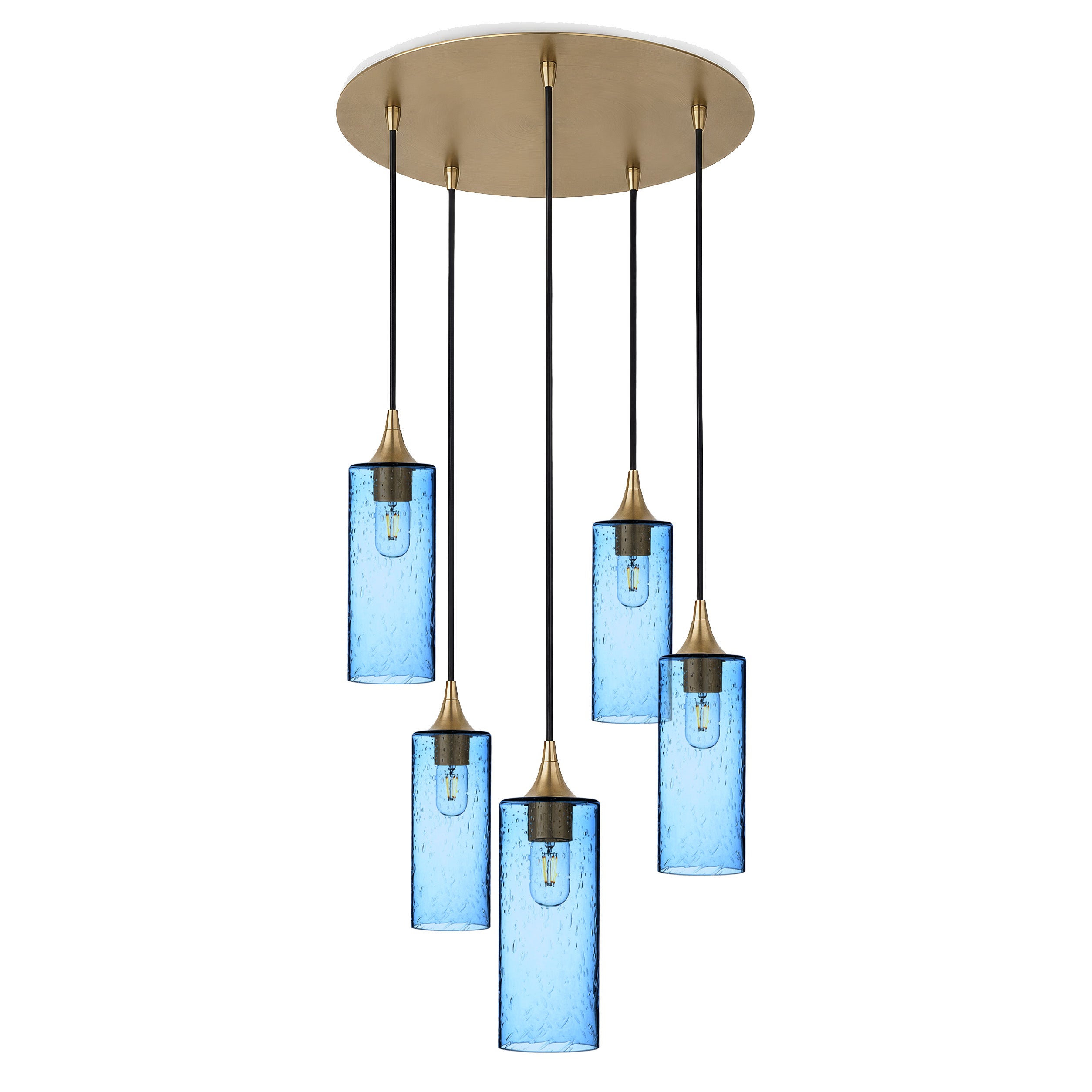 513 5 Pendant Cascade Chandelier-Glass-Bicycle Glass Co-Lunar-Steel Blue-Polished Brass - 4ft Cord-Bicycle Glass Co