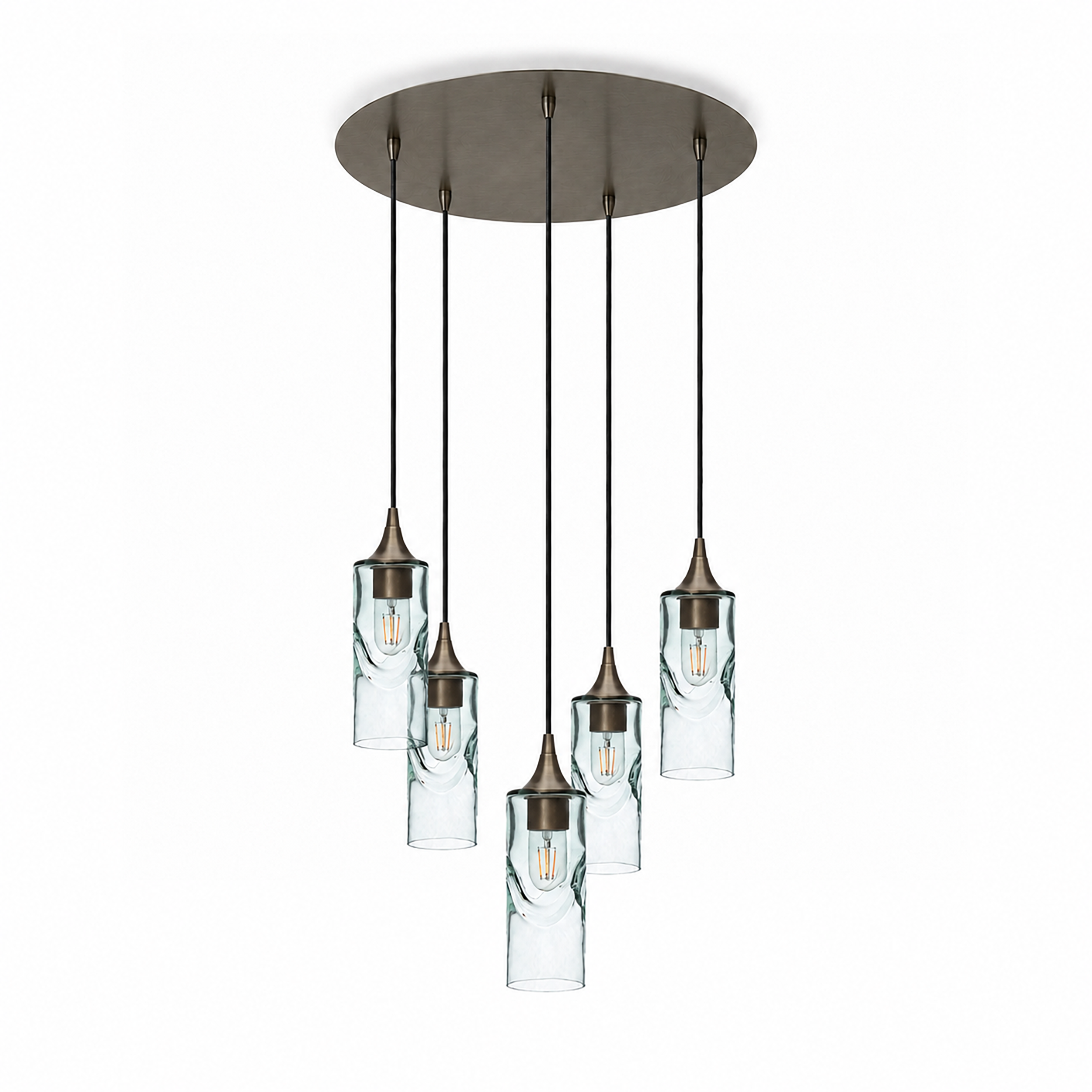 513 5 Pendant Cascade Chandelier-Glass-Bicycle Glass Co-Swell-Eco Clear-Antique Bronze - 4ft Cord-Bicycle Glass Co