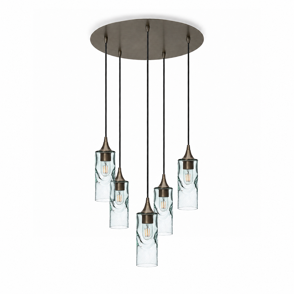 513 5 Pendant Cascade Chandelier-Glass-Bicycle Glass Co-Swell-Eco Clear-Antique Bronze - 4ft Cord-Bicycle Glass Co