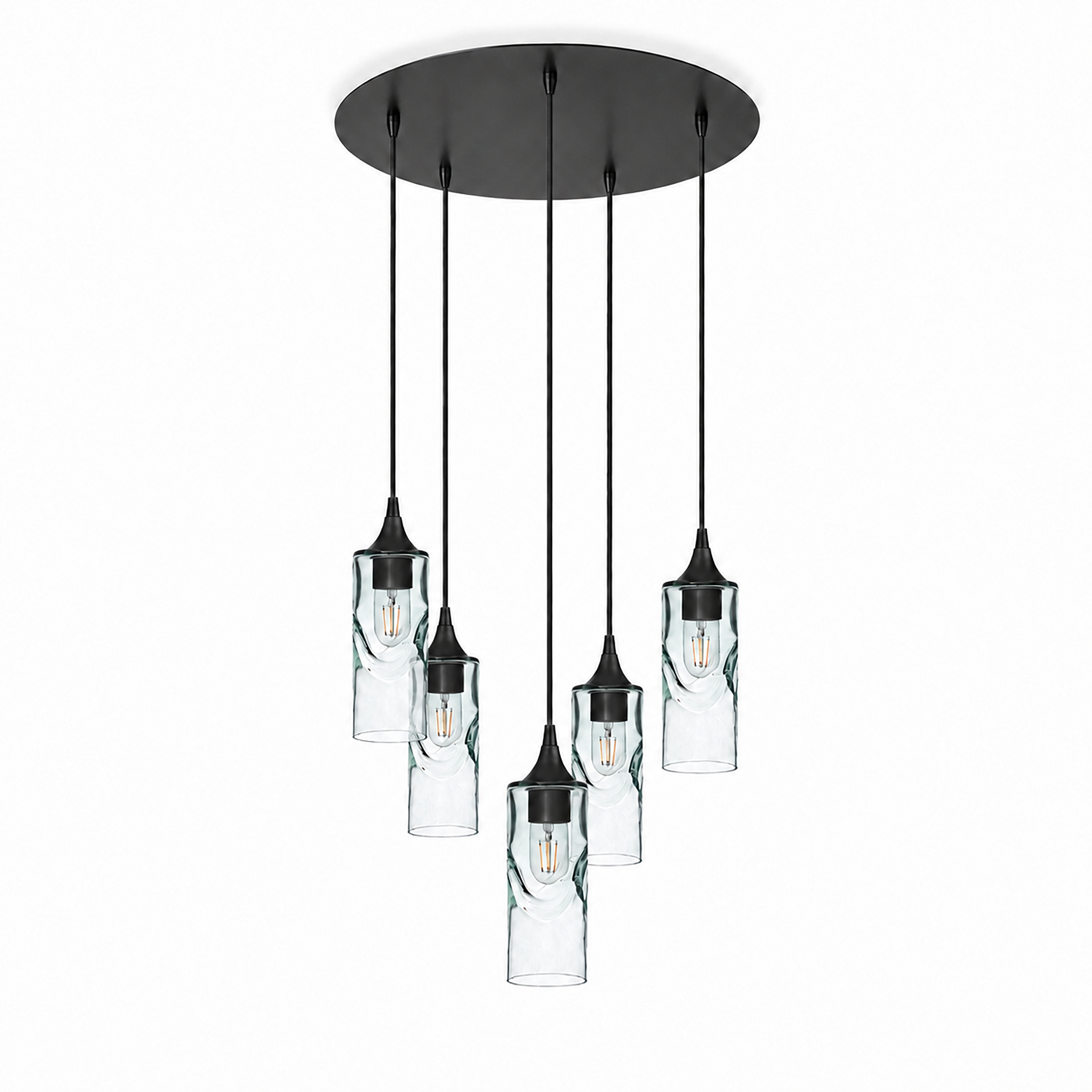 513 5 Pendant Cascade Chandelier-Glass-Bicycle Glass Co-Swell-Eco Clear-Matte Black - 4ft Cord-Bicycle Glass Co