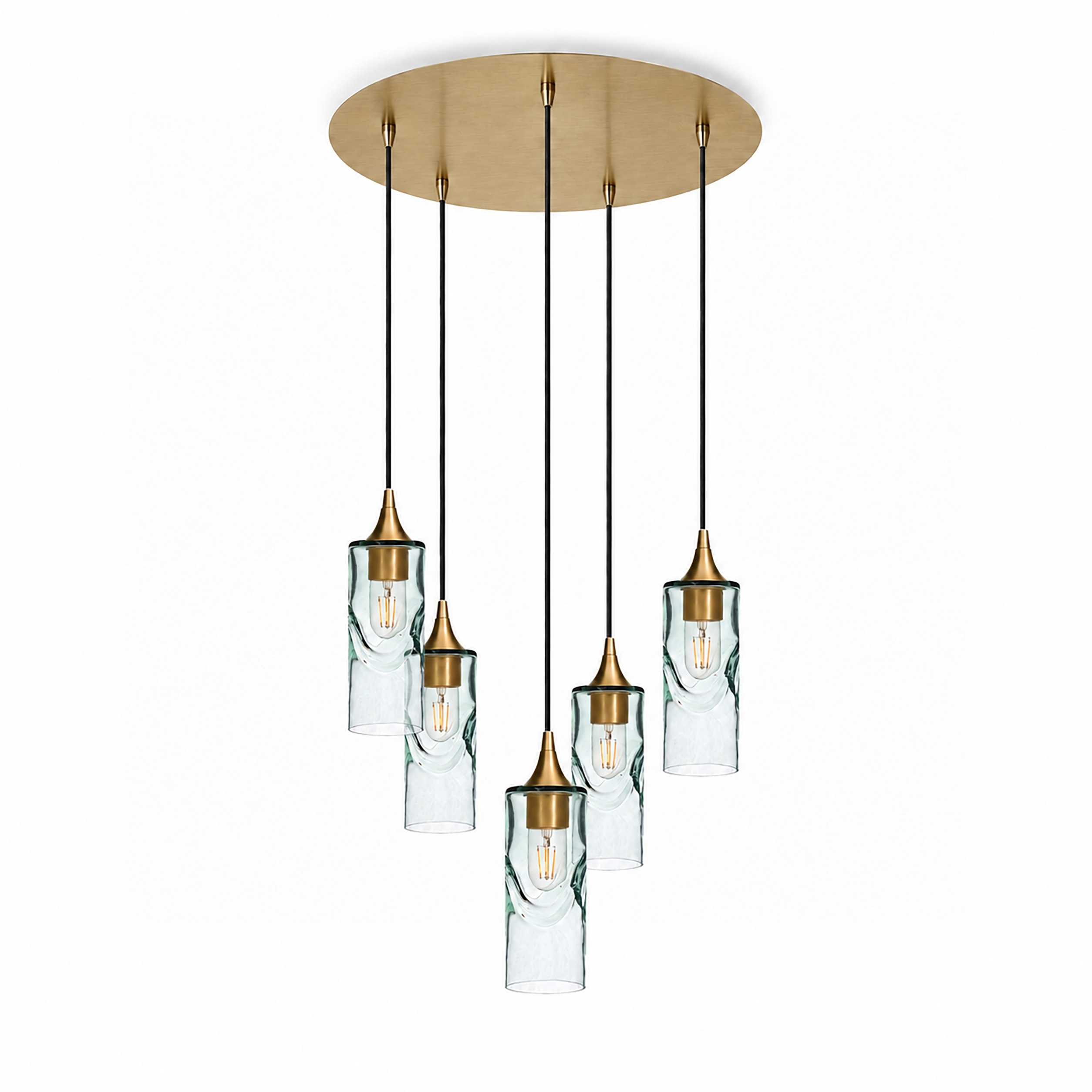 513 5 Pendant Cascade Chandelier-Glass-Bicycle Glass Co-Swell-Eco Clear-Polished Brass - 4ft Cord-Bicycle Glass Co