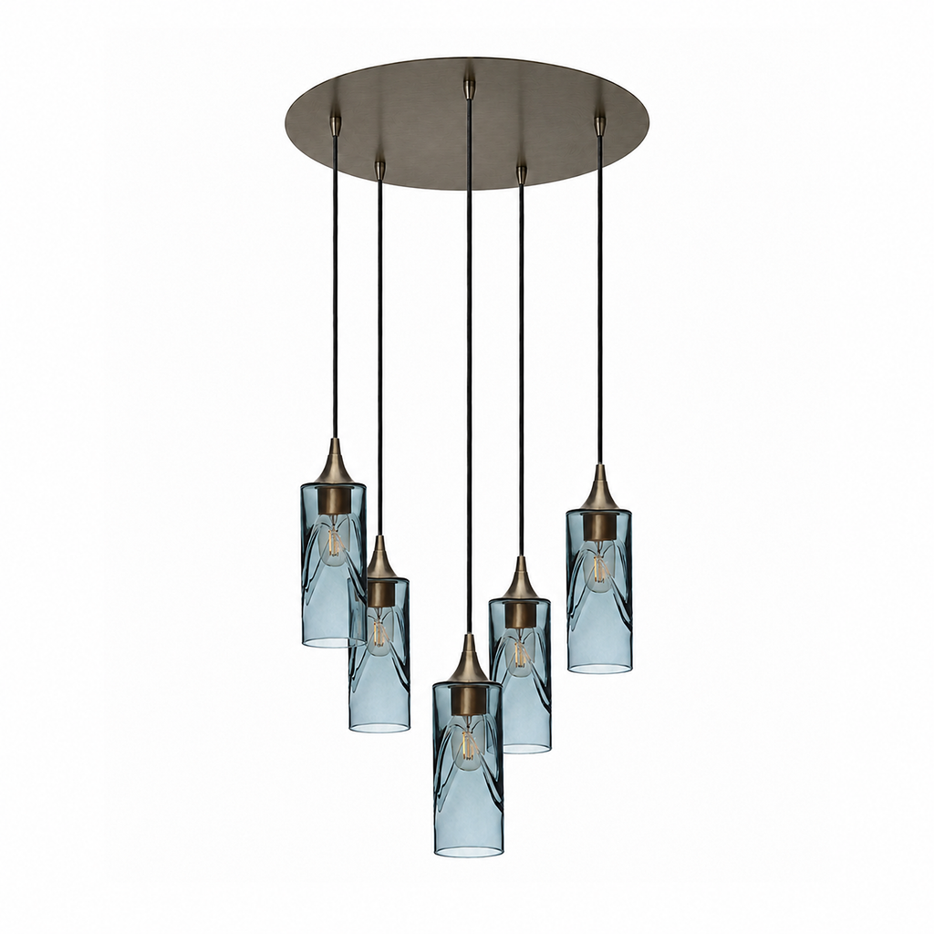 513 5 Pendant Cascade Chandelier-Glass-Bicycle Glass Co-Swell-Slate Gray-Antique Bronze - 4ft Cord-Bicycle Glass Co