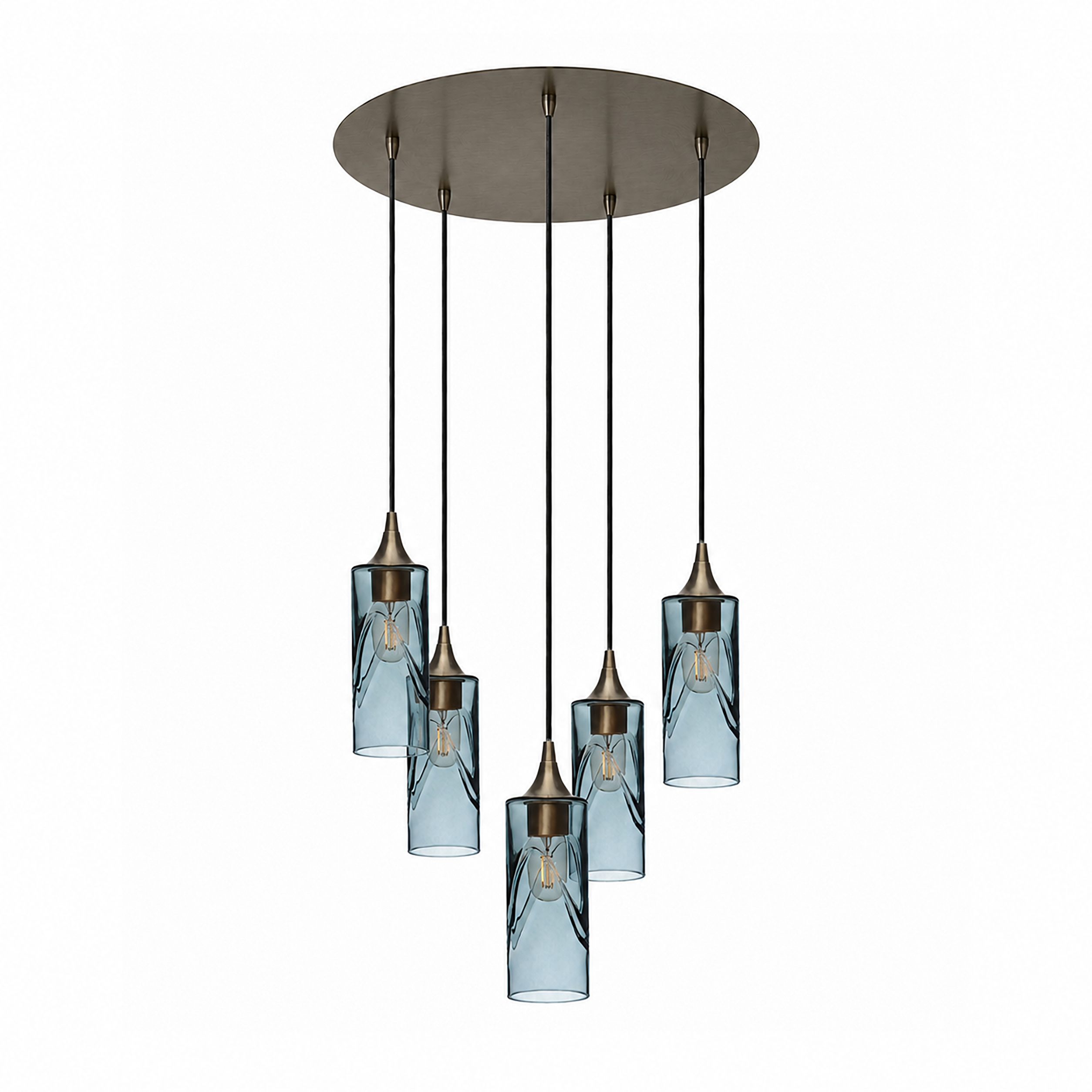 513 5 Pendant Cascade Chandelier-Glass-Bicycle Glass Co-Swell-Slate Gray-Antique Bronze - 4ft Cord-Bicycle Glass Co