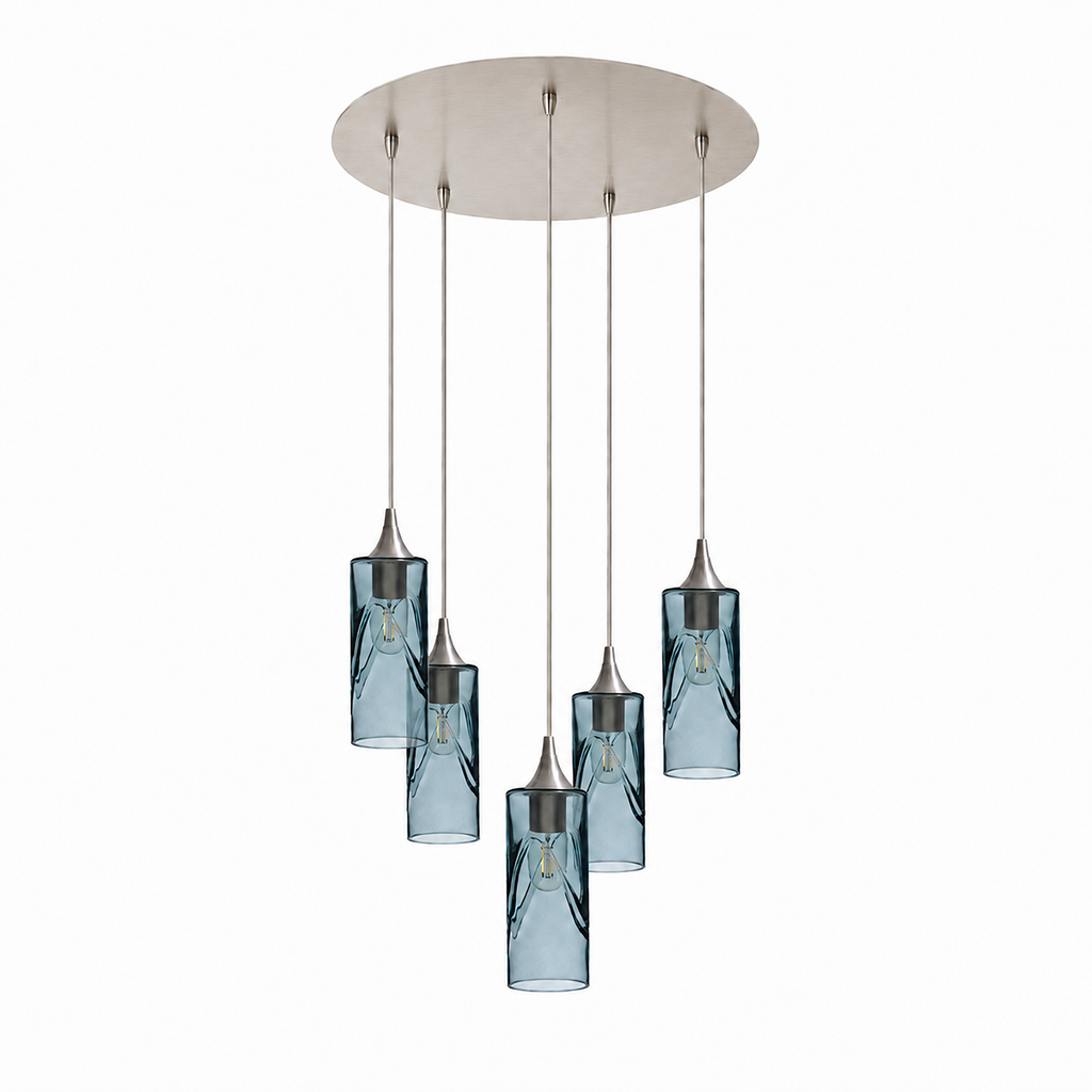 513 5 Pendant Cascade Chandelier-Glass-Bicycle Glass Co-Swell-Slate Gray-Brushed Nickel - 4ft Cord-Bicycle Glass Co