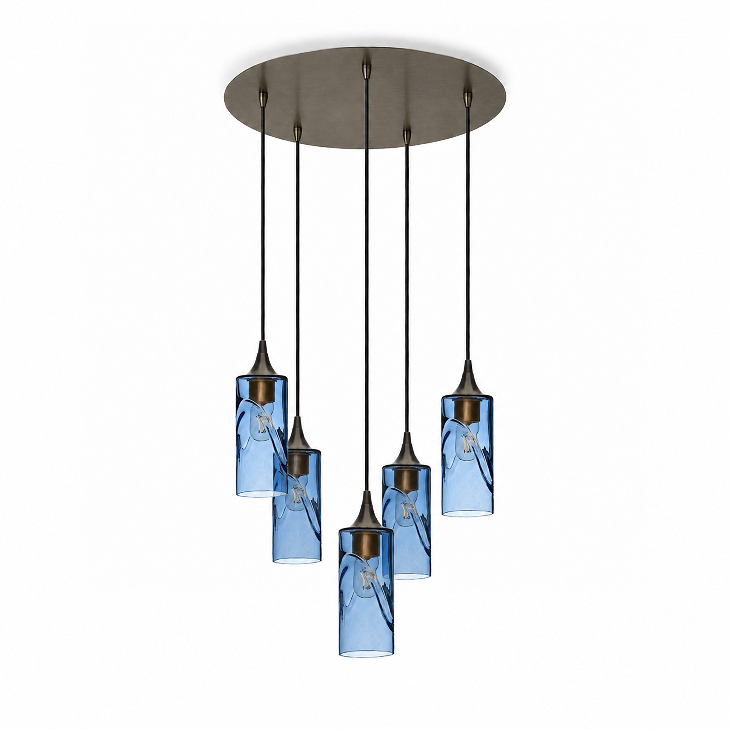 513 5 Pendant Cascade Chandelier-Glass-Bicycle Glass Co-Swell-Steel Blue-Antique Bronze - 4ft Cord-Bicycle Glass Co