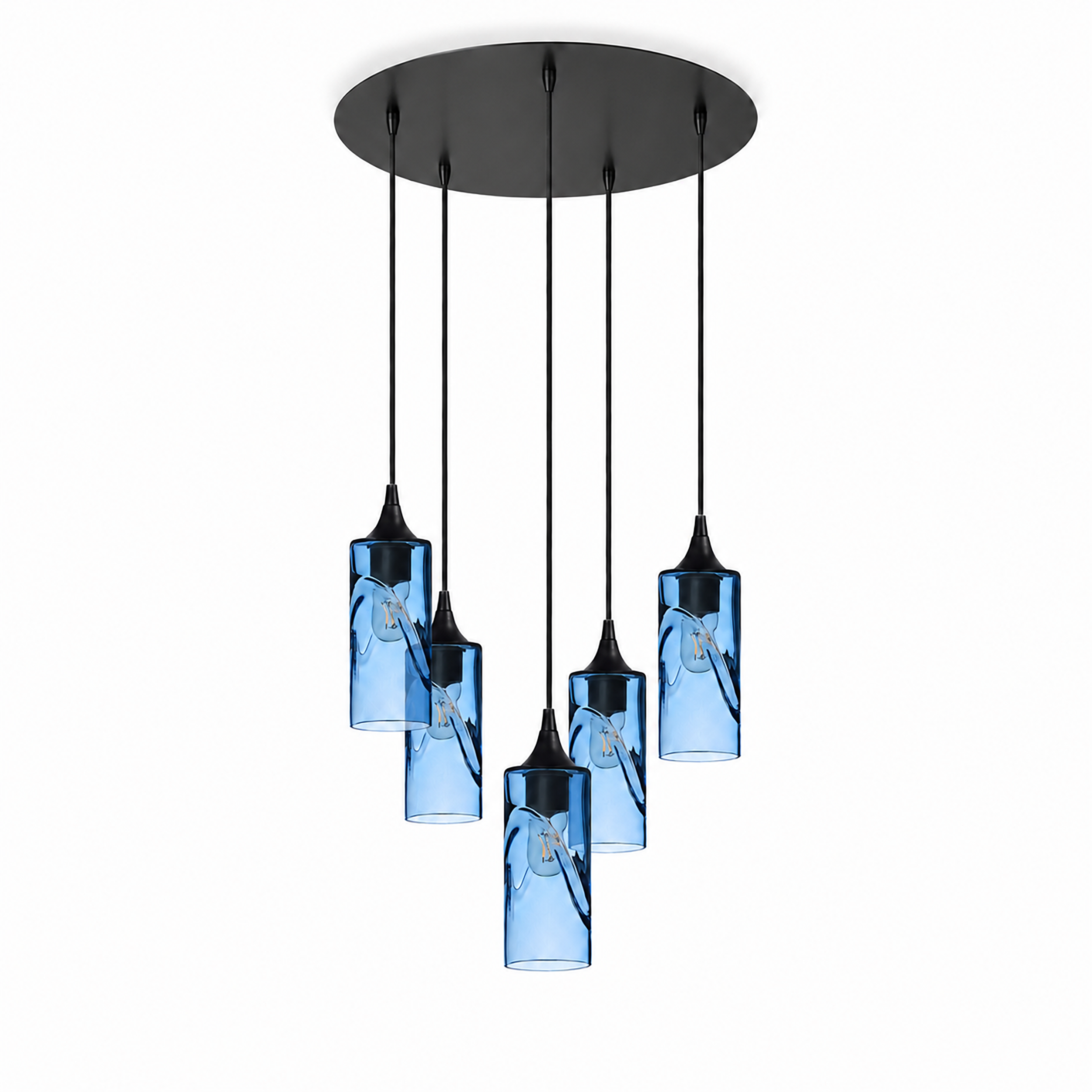 513 5 Pendant Cascade Chandelier-Glass-Bicycle Glass Co-Swell-Steel Blue-Matte Black - 4ft Cord-Bicycle Glass Co