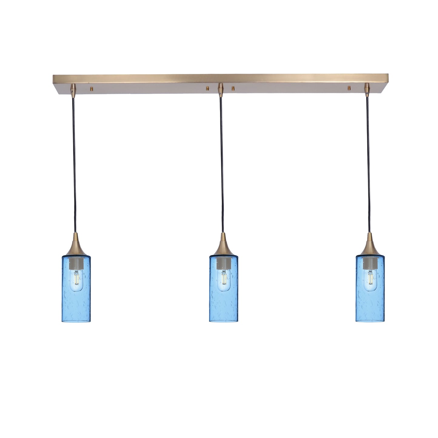 513 Lunar: 3 Pendant Linear Chandelier-Glass-Bicycle Glass Co - Hotshop-Steel Blue-Polished Brass-Bicycle Glass Co