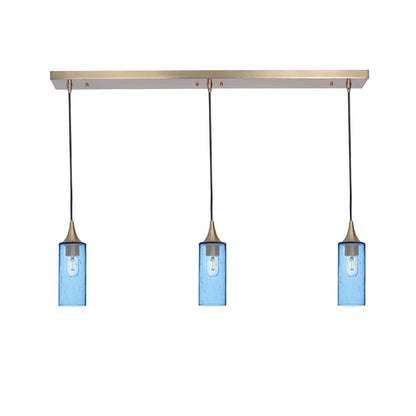 513 Lunar: 3 Pendant Linear Chandelier-Glass-Bicycle Glass Co - Hotshop-Steel Blue-Polished Brass-Bicycle Glass Co