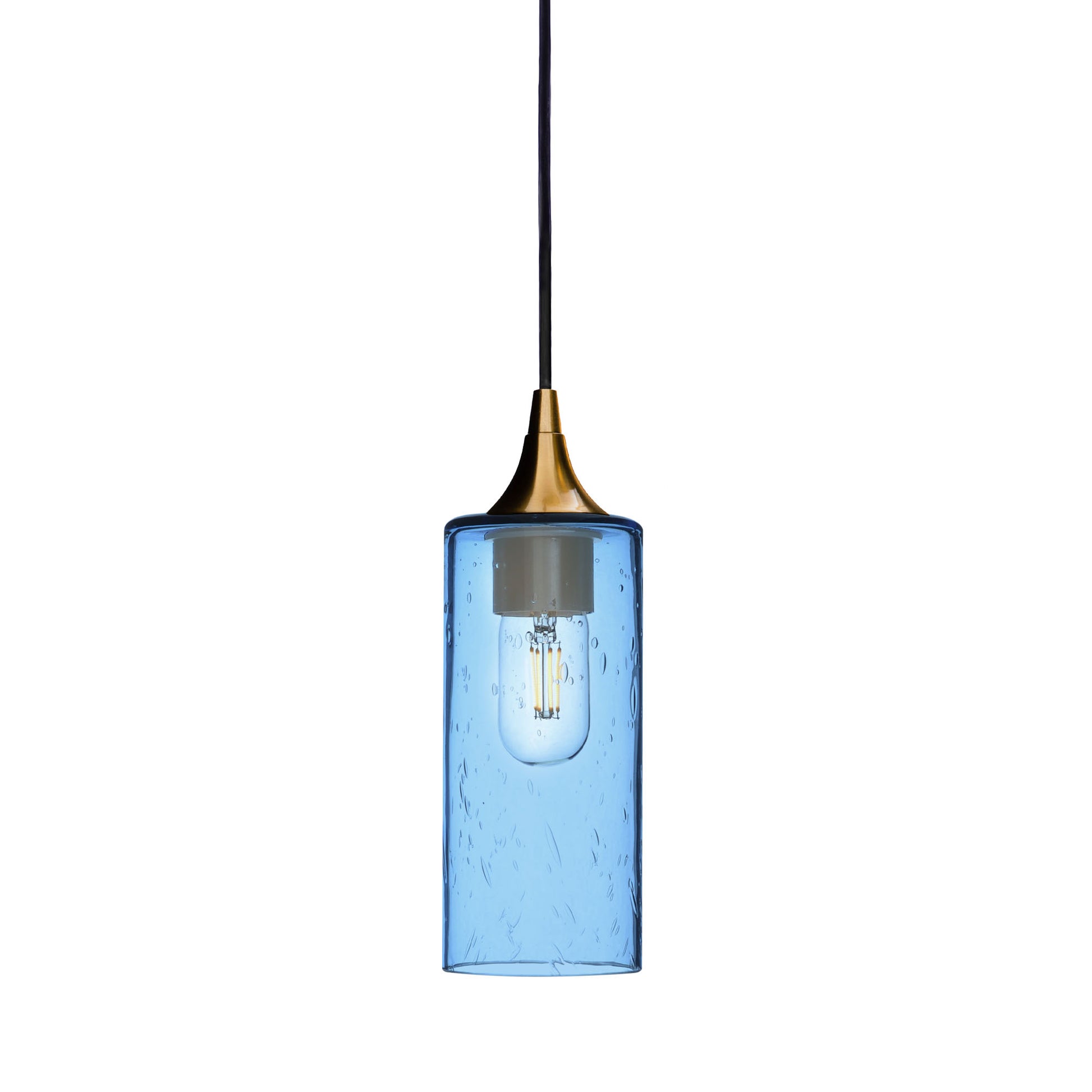 513 Single Pendant Light-Bicycle Glass Co-Polished Brass 15ft Cord + Track Mount-Lunar-Steel Blue-Bicycle Glass Co