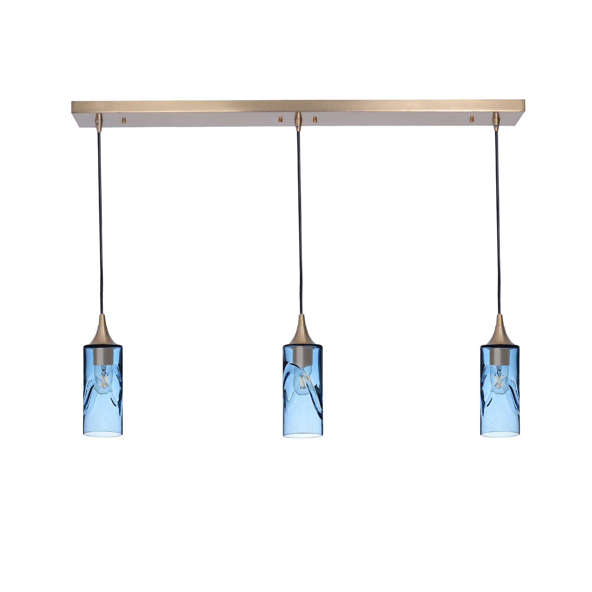 513 Swell: 3 Pendant Linear Chandelier-Glass-Bicycle Glass Co - Hotshop-Steel Blue-Polished Brass-Bicycle Glass Co