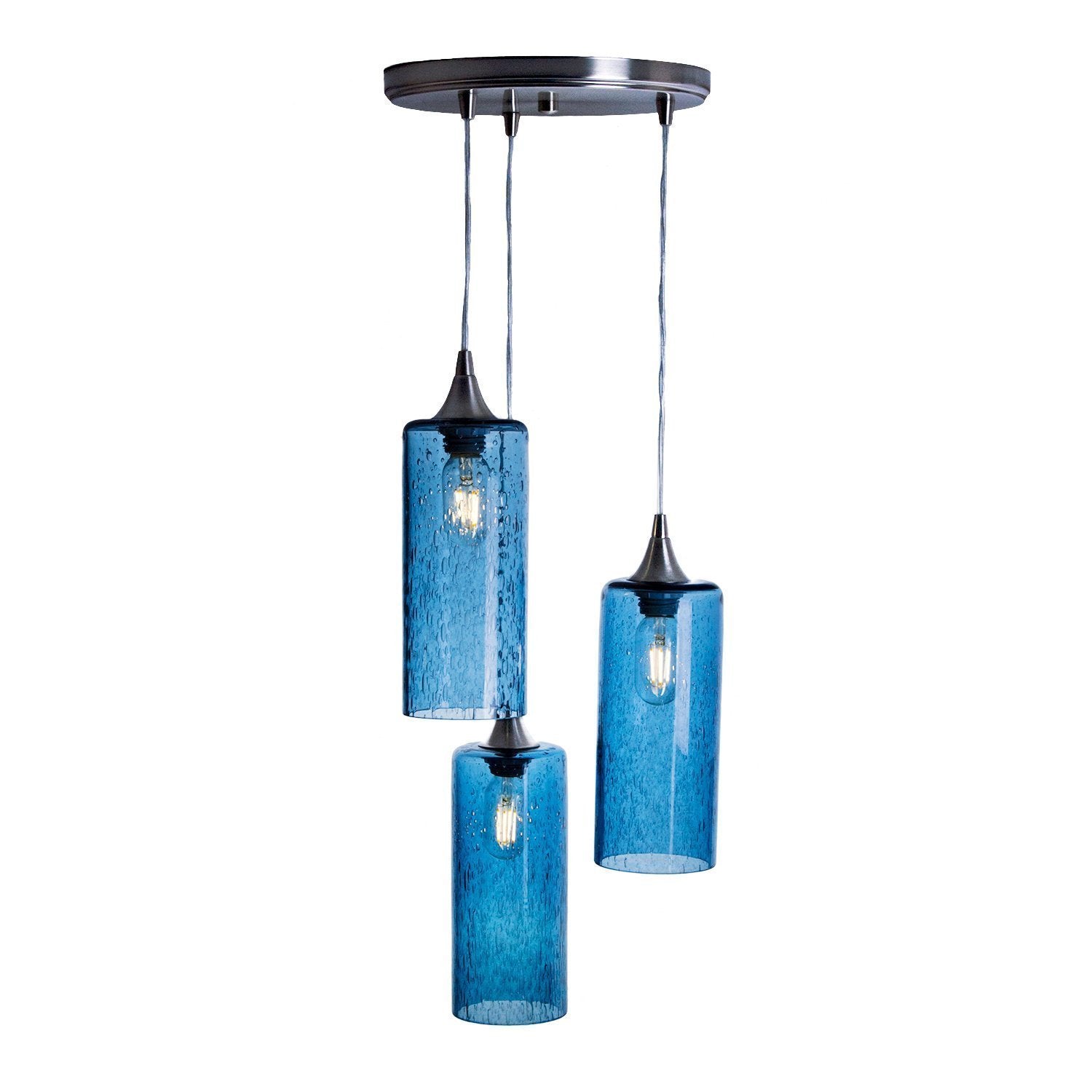 515 3 Pendant Cascade Chandelier-Glass-Bicycle Glass Co - Hotshop-Brushed Nickel - 4ft Cord-Lunar-Steel Blue-Bicycle Glass Co