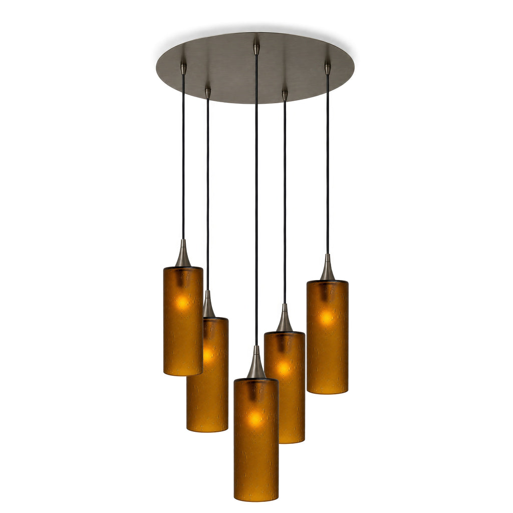 515 5 Pendant Cascade Chandelier-Glass-Bicycle Glass Co-Celestial-Golden Amber-Antique Bronze - 4ft Cord-Bicycle Glass Co