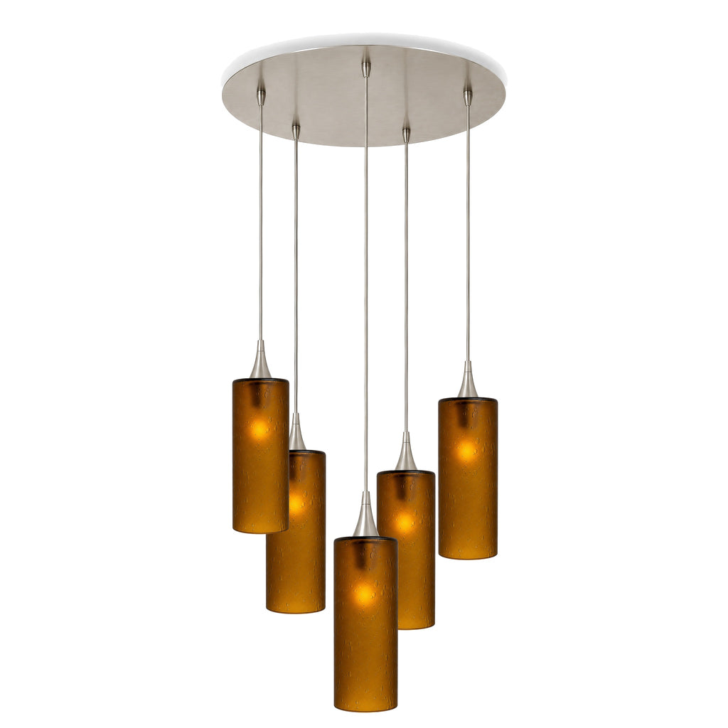 515 5 Pendant Cascade Chandelier-Glass-Bicycle Glass Co-Celestial-Golden Amber-Brushed Nickel - 4ft Cord-Bicycle Glass Co