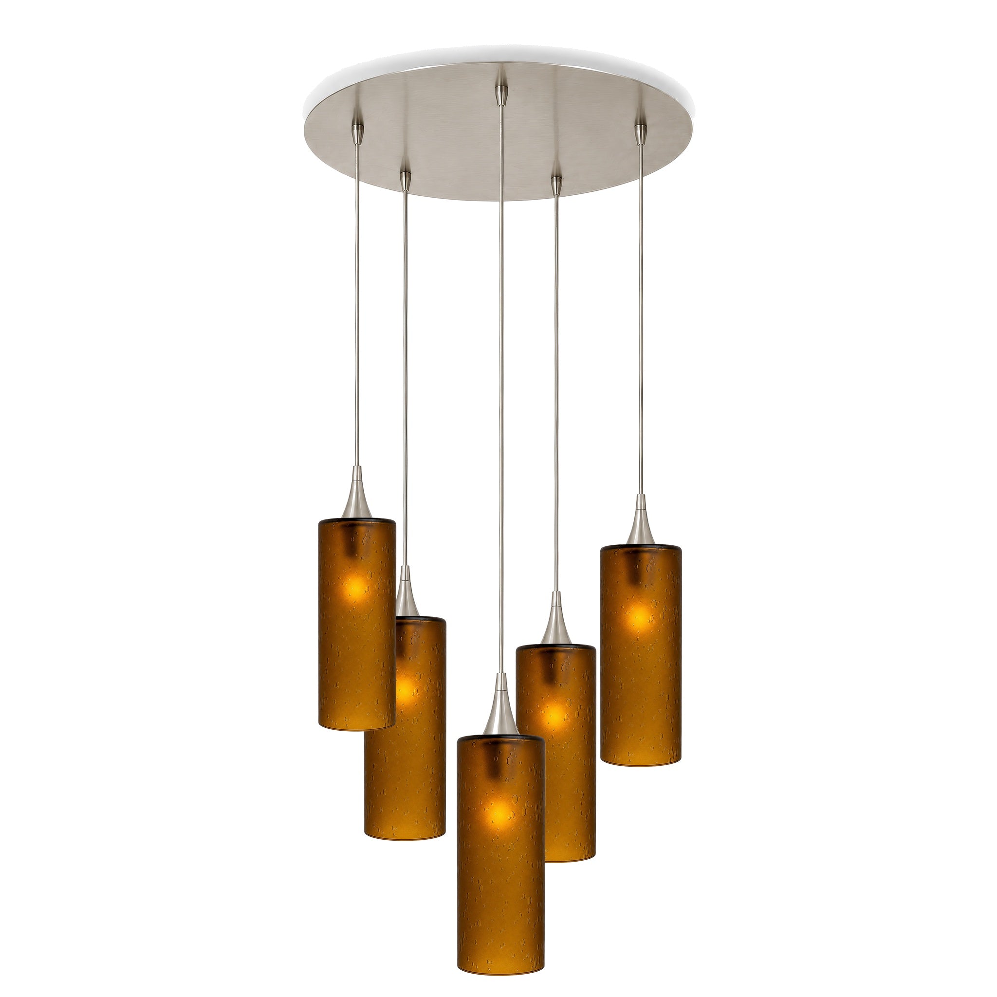 515 5 Pendant Cascade Chandelier-Glass-Bicycle Glass Co-Celestial-Golden Amber-Brushed Nickel - 4ft Cord-Bicycle Glass Co