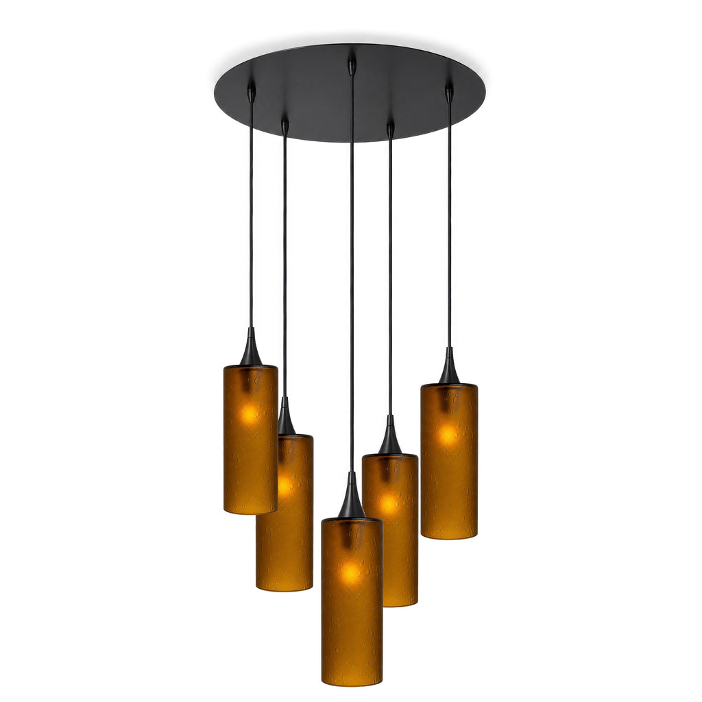 515 5 Pendant Cascade Chandelier-Glass-Bicycle Glass Co-Celestial-Golden Amber-Matte Black - 4ft Cord-Bicycle Glass Co