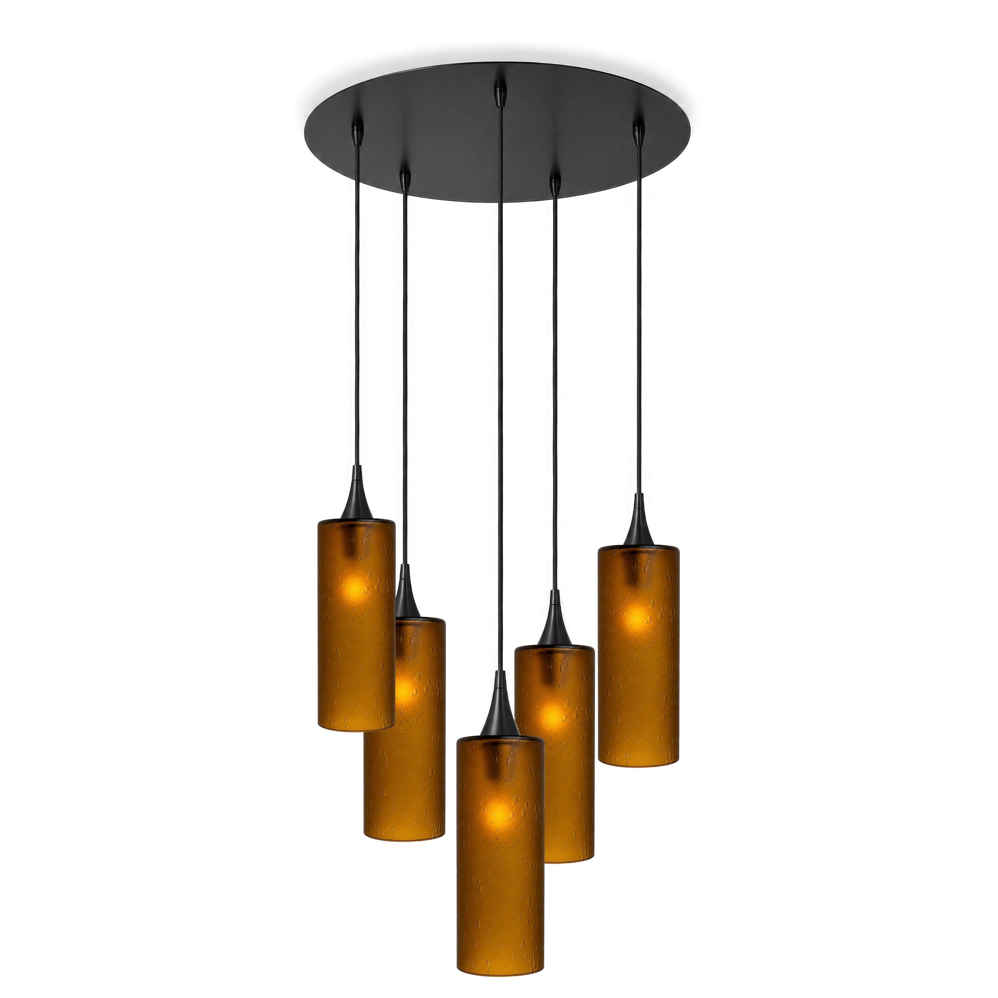 515 5 Pendant Cascade Chandelier-Glass-Bicycle Glass Co-Celestial-Golden Amber-Matte Black - 4ft Cord-Bicycle Glass Co