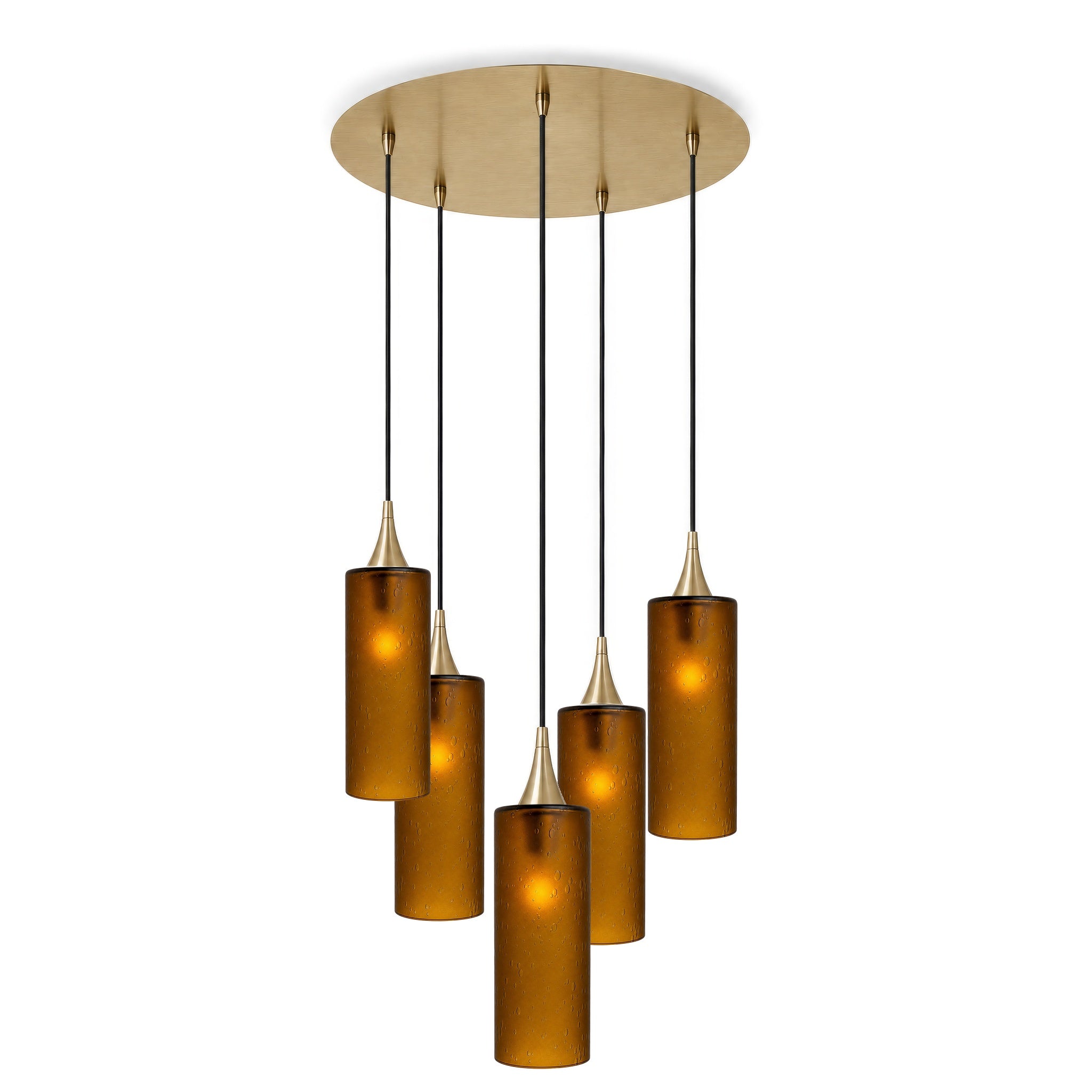 515 5 Pendant Cascade Chandelier-Glass-Bicycle Glass Co-Celestial-Golden Amber-Polished Brass - 4ft Cord-Bicycle Glass Co