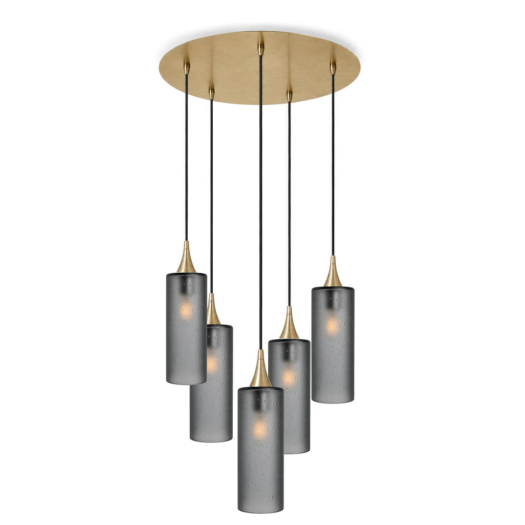 515 5 Pendant Cascade Chandelier-Glass-Bicycle Glass Co-Celestial-Slate Gray-Polished Brass - 4ft Cord-Bicycle Glass Co