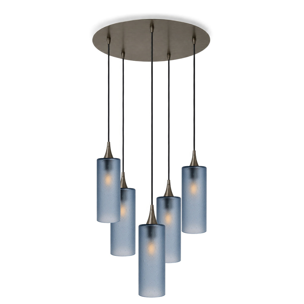 515 5 Pendant Cascade Chandelier-Glass-Bicycle Glass Co-Celestial-Steel Blue-Antique Bronze - 4ft Cord-Bicycle Glass Co