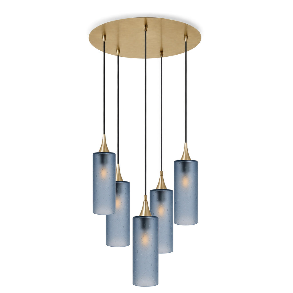 515 5 Pendant Cascade Chandelier-Glass-Bicycle Glass Co-Celestial-Steel Blue-Polished Brass - 4ft Cord-Bicycle Glass Co