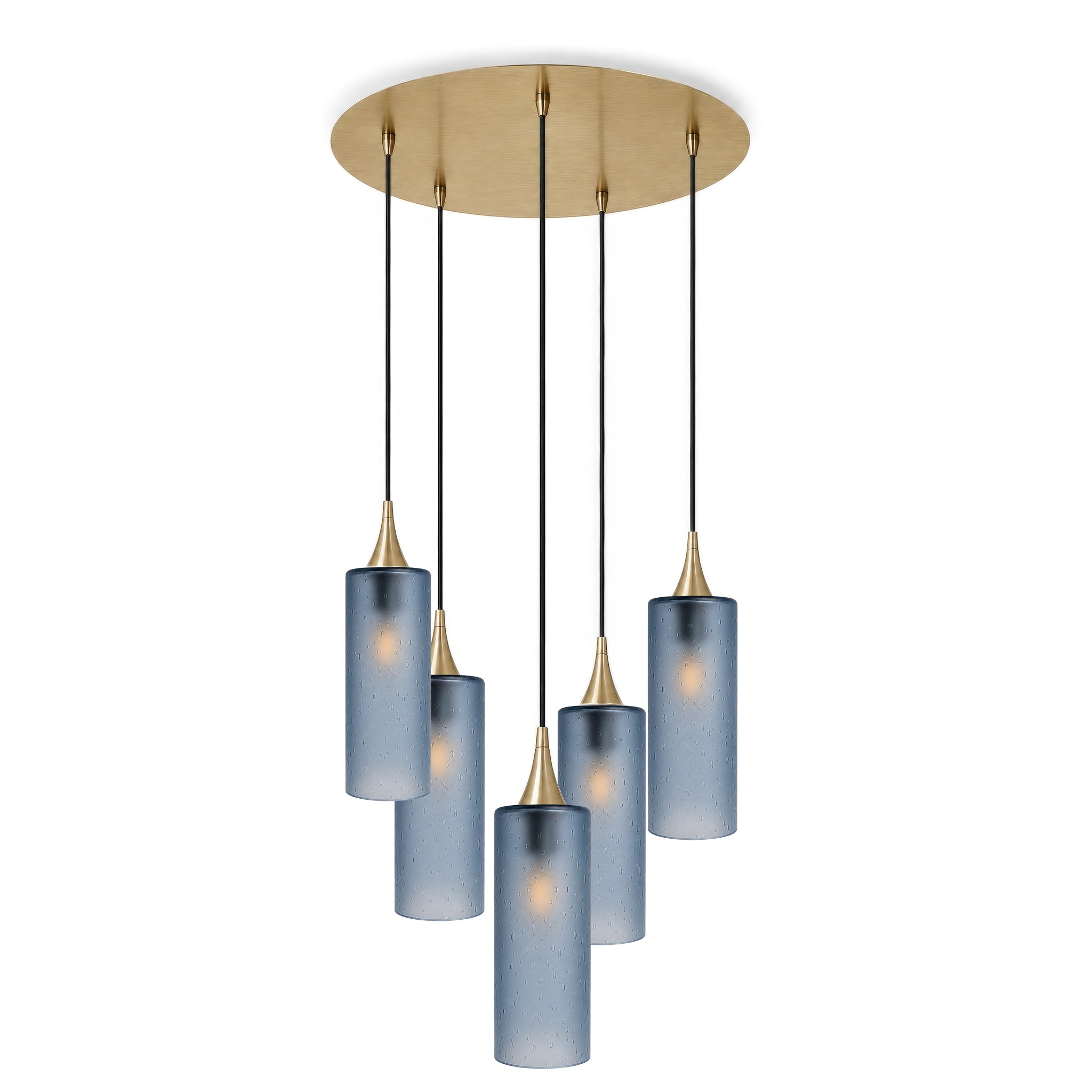 515 5 Pendant Cascade Chandelier-Glass-Bicycle Glass Co-Celestial-Steel Blue-Polished Brass - 4ft Cord-Bicycle Glass Co