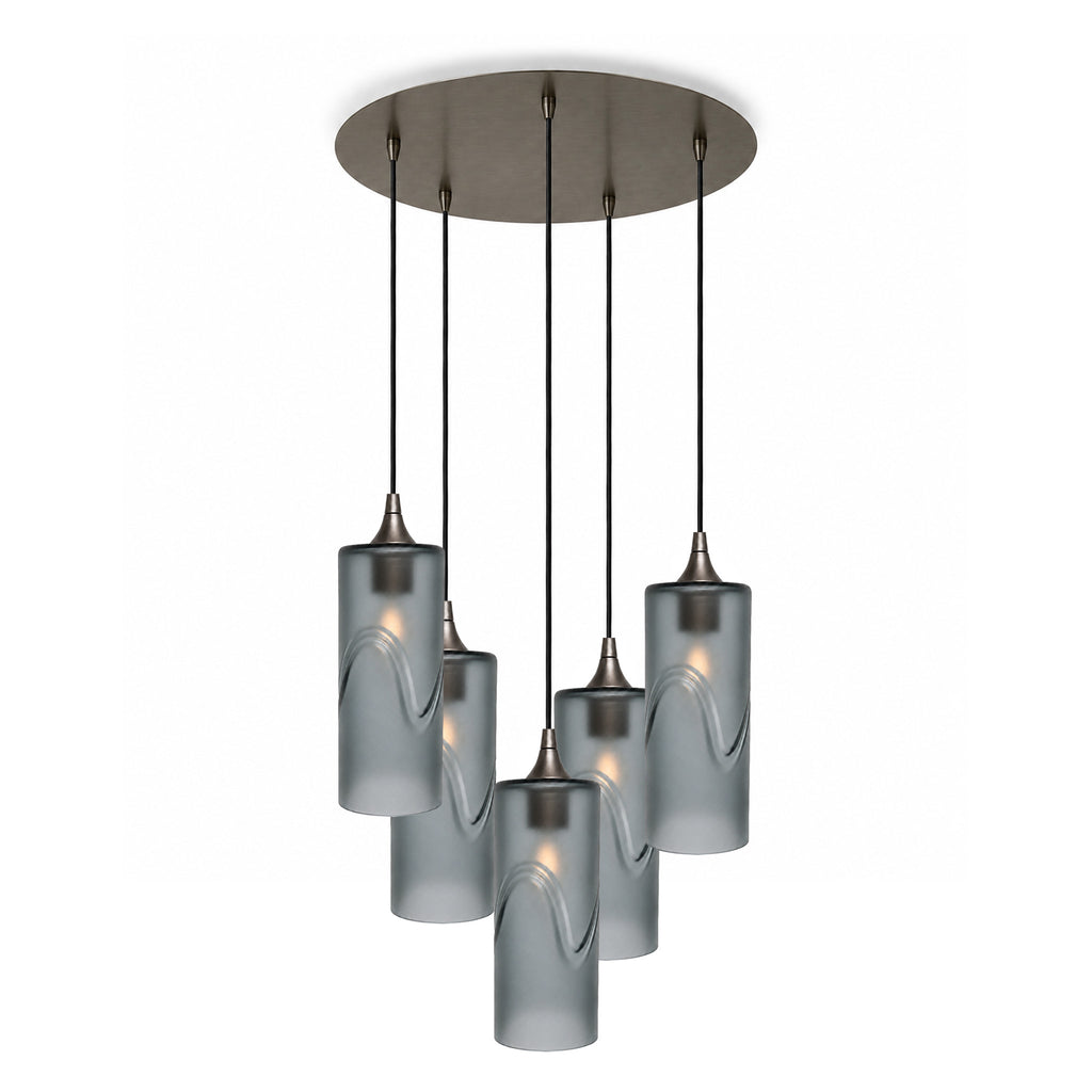 515 5 Pendant Cascade Chandelier-Glass-Bicycle Glass Co-Glacial-Slate Gray-Antique Bronze - 4ft Cord-Bicycle Glass Co