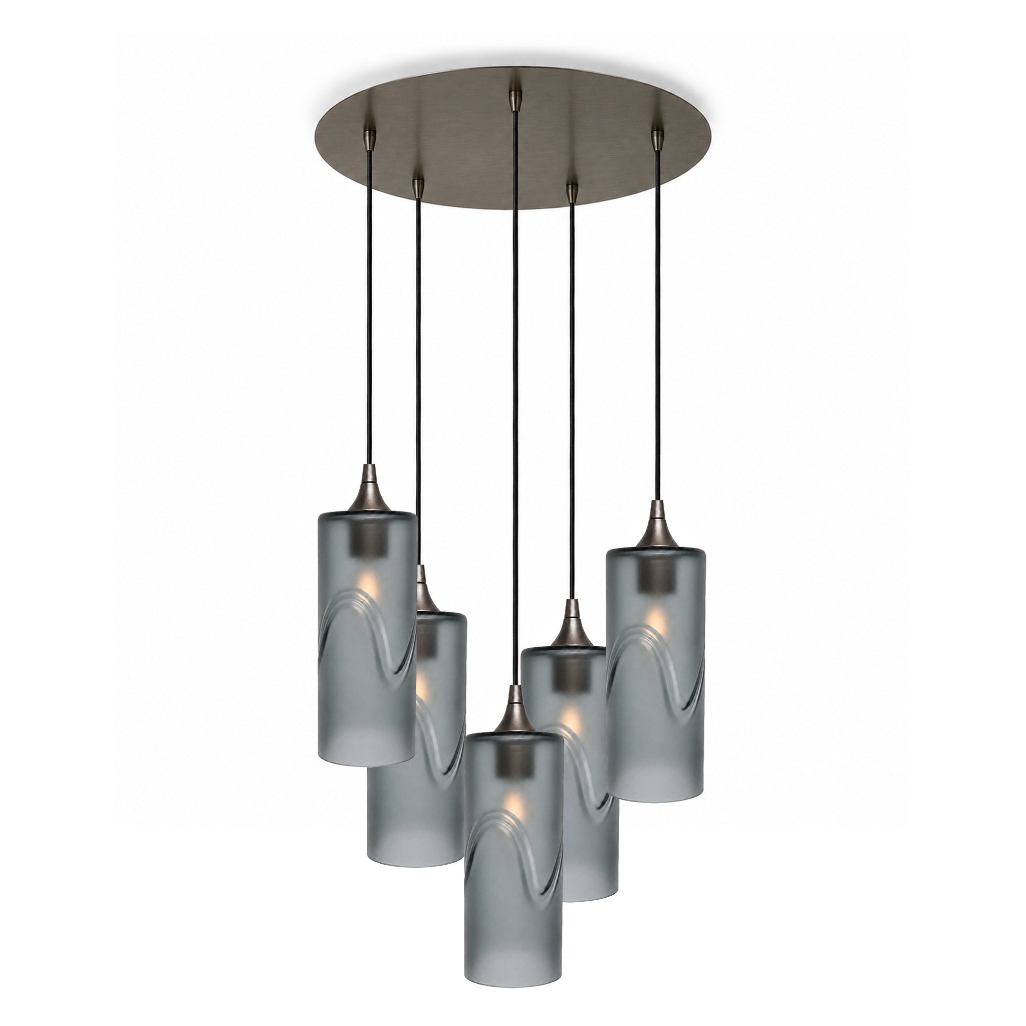 515 5 Pendant Cascade Chandelier-Glass-Bicycle Glass Co-Glacial-Slate Gray-Antique Bronze - 4ft Cord-Bicycle Glass Co