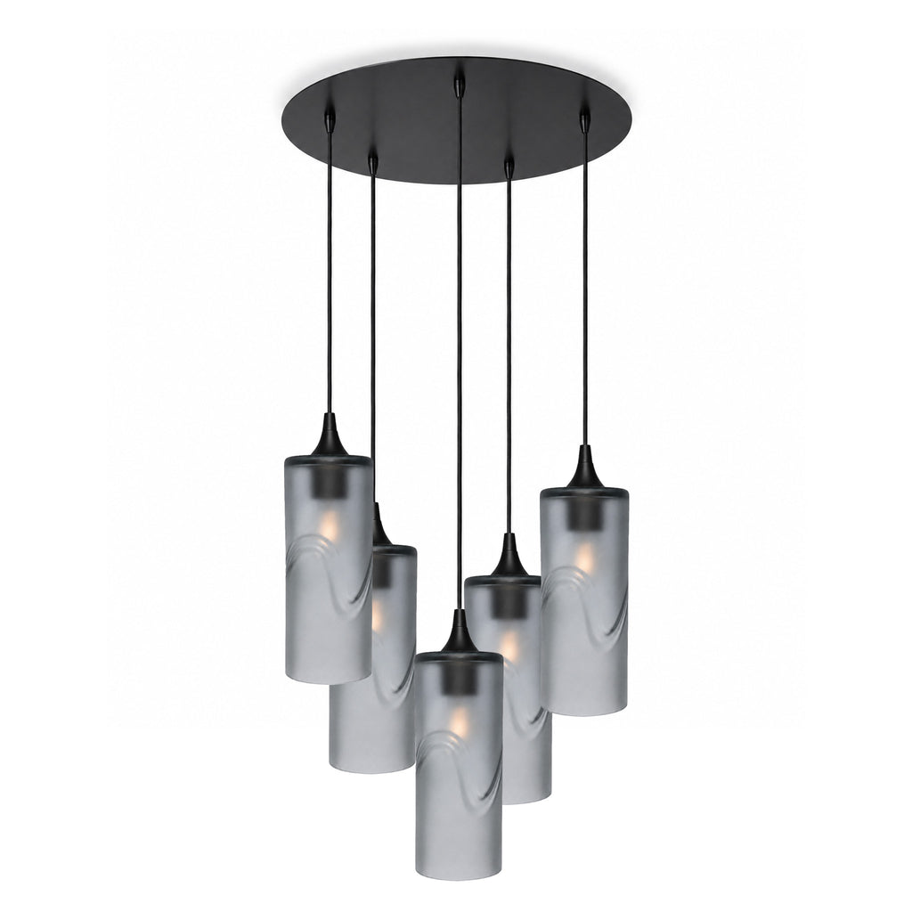 515 5 Pendant Cascade Chandelier-Glass-Bicycle Glass Co-Glacial-Slate Gray-Matte Black - 4ft Cord-Bicycle Glass Co