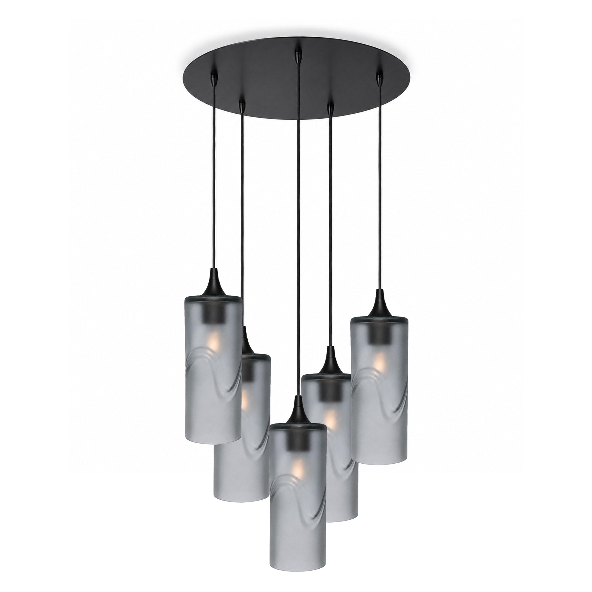 515 5 Pendant Cascade Chandelier-Glass-Bicycle Glass Co-Glacial-Slate Gray-Matte Black - 4ft Cord-Bicycle Glass Co