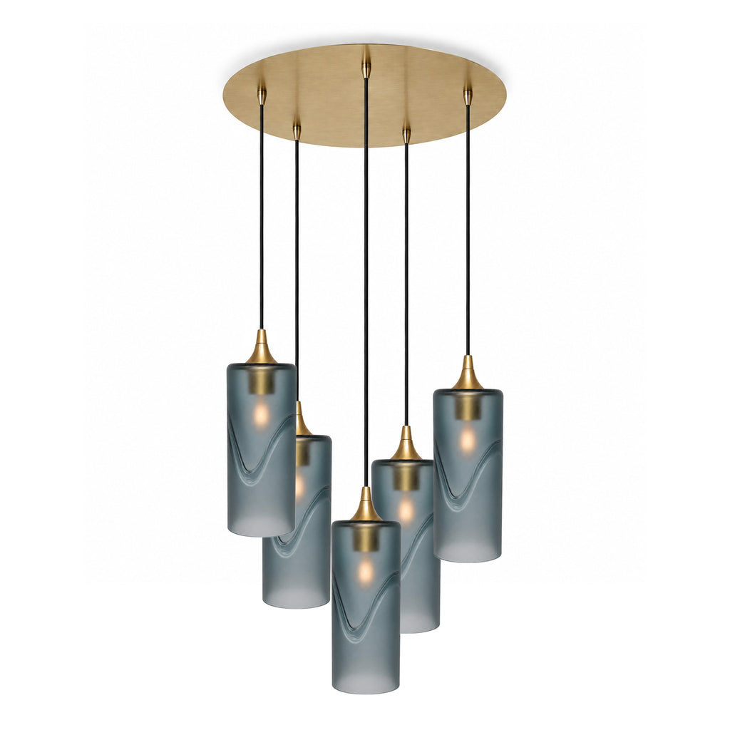 515 5 Pendant Cascade Chandelier-Glass-Bicycle Glass Co-Glacial-Slate Gray-Polished Brass - 4ft Cord-Bicycle Glass Co