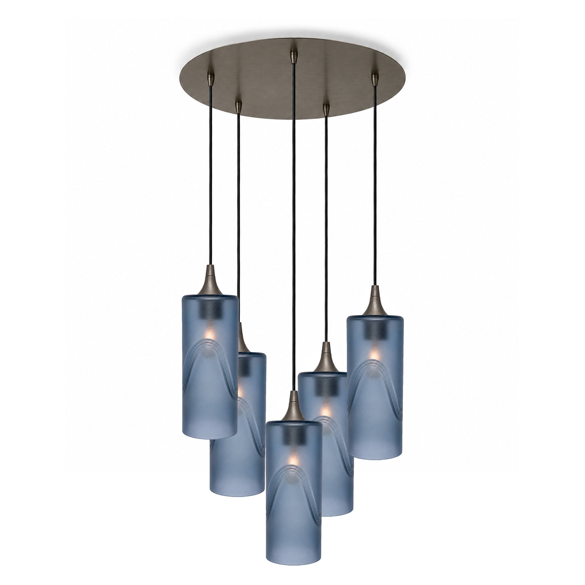 515 5 Pendant Cascade Chandelier-Glass-Bicycle Glass Co-Glacial-Steel Blue-Antique Bronze - 4ft Cord-Bicycle Glass Co