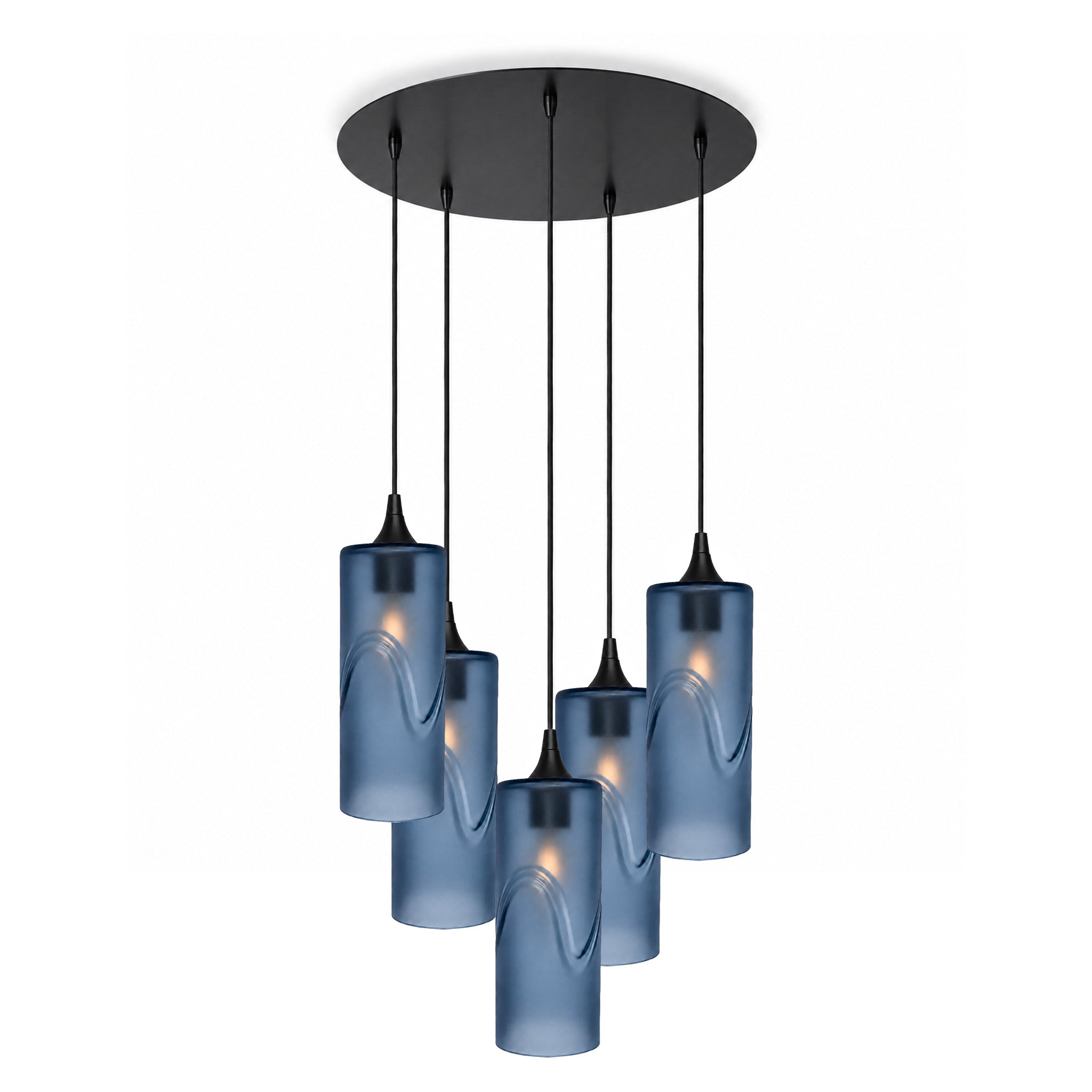 515 5 Pendant Cascade Chandelier-Glass-Bicycle Glass Co-Glacial-Steel Blue-Matte Black - 4ft Cord-Bicycle Glass Co