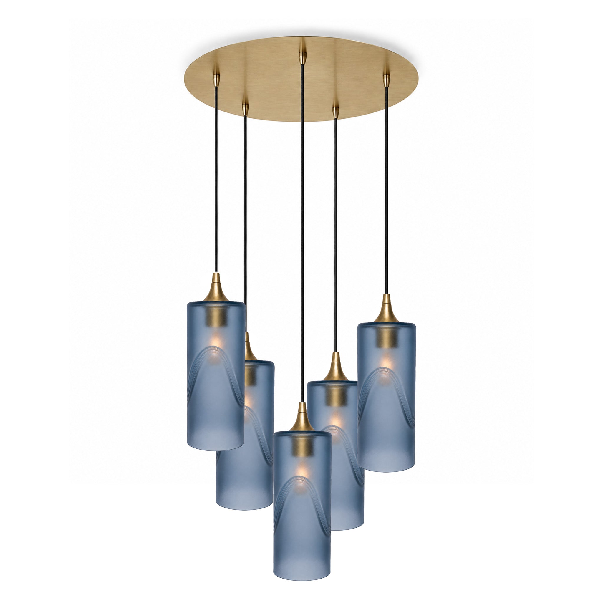 515 5 Pendant Cascade Chandelier-Glass-Bicycle Glass Co-Glacial-Steel Blue-Polished Brass - 4ft Cord-Bicycle Glass Co