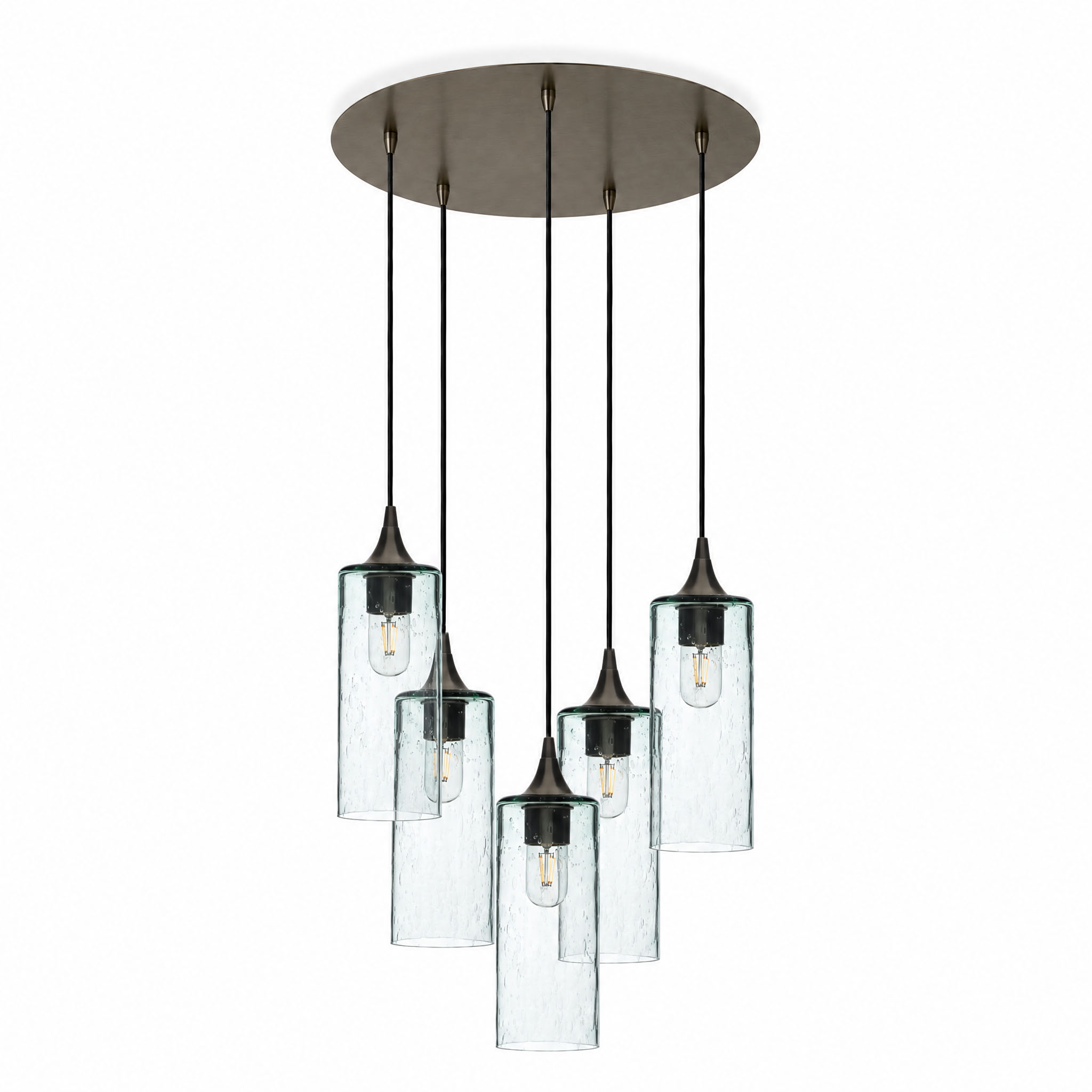 515 5 Pendant Cascade Chandelier-Glass-Bicycle Glass Co-Lunar-Eco Clear-Antique Bronze - 4ft Cord-Bicycle Glass Co