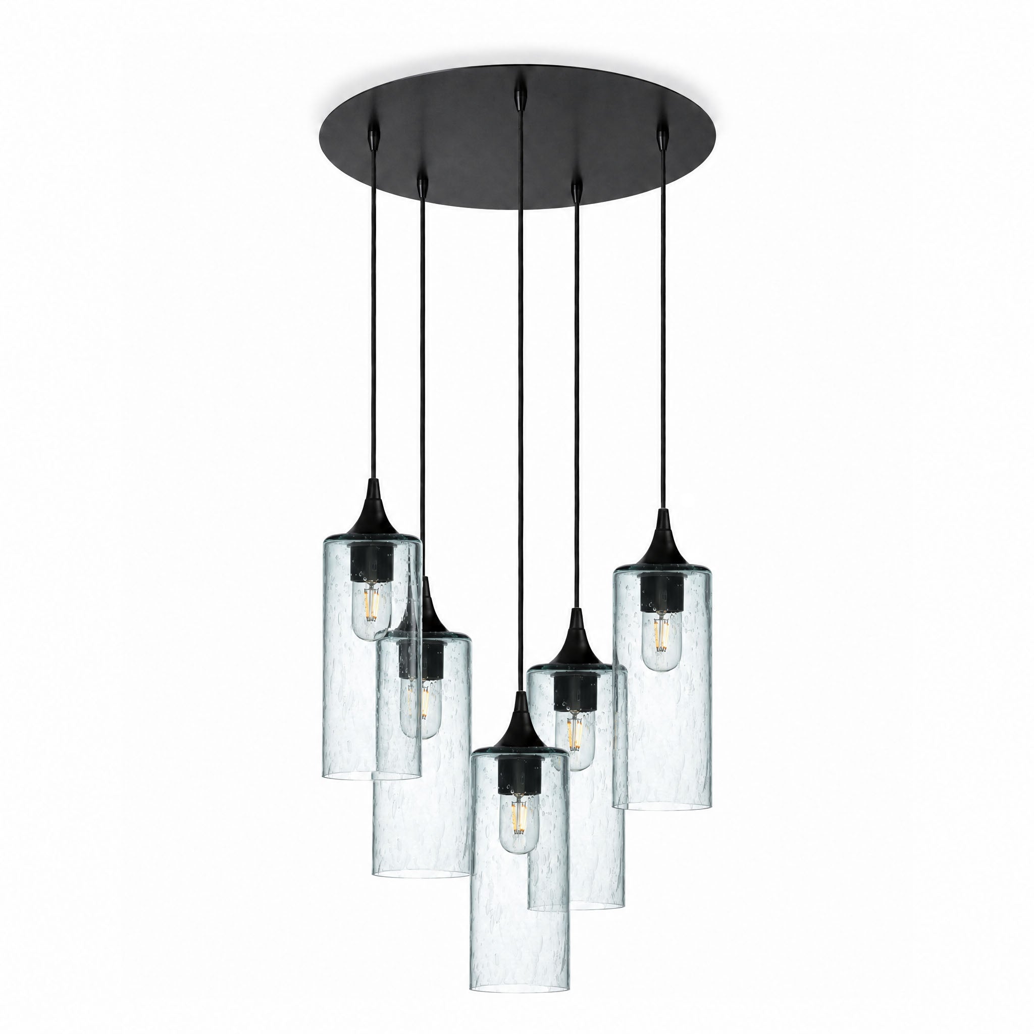 515 5 Pendant Cascade Chandelier-Glass-Bicycle Glass Co-Lunar-Eco Clear-Matte Black - 4ft Cord-Bicycle Glass Co