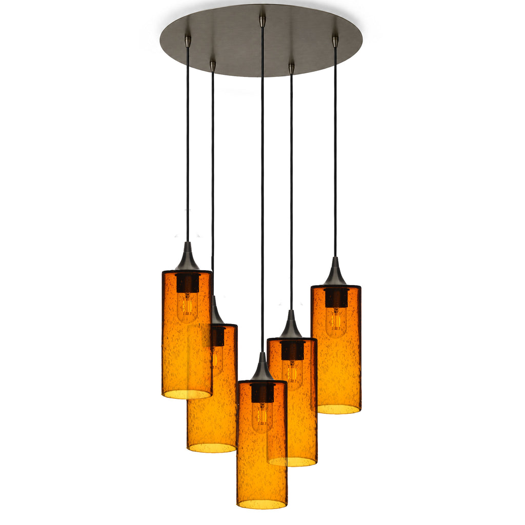 515 5 Pendant Cascade Chandelier-Glass-Bicycle Glass Co-Lunar-Golden Amber-Antique Bronze - 4ft Cord-Bicycle Glass Co