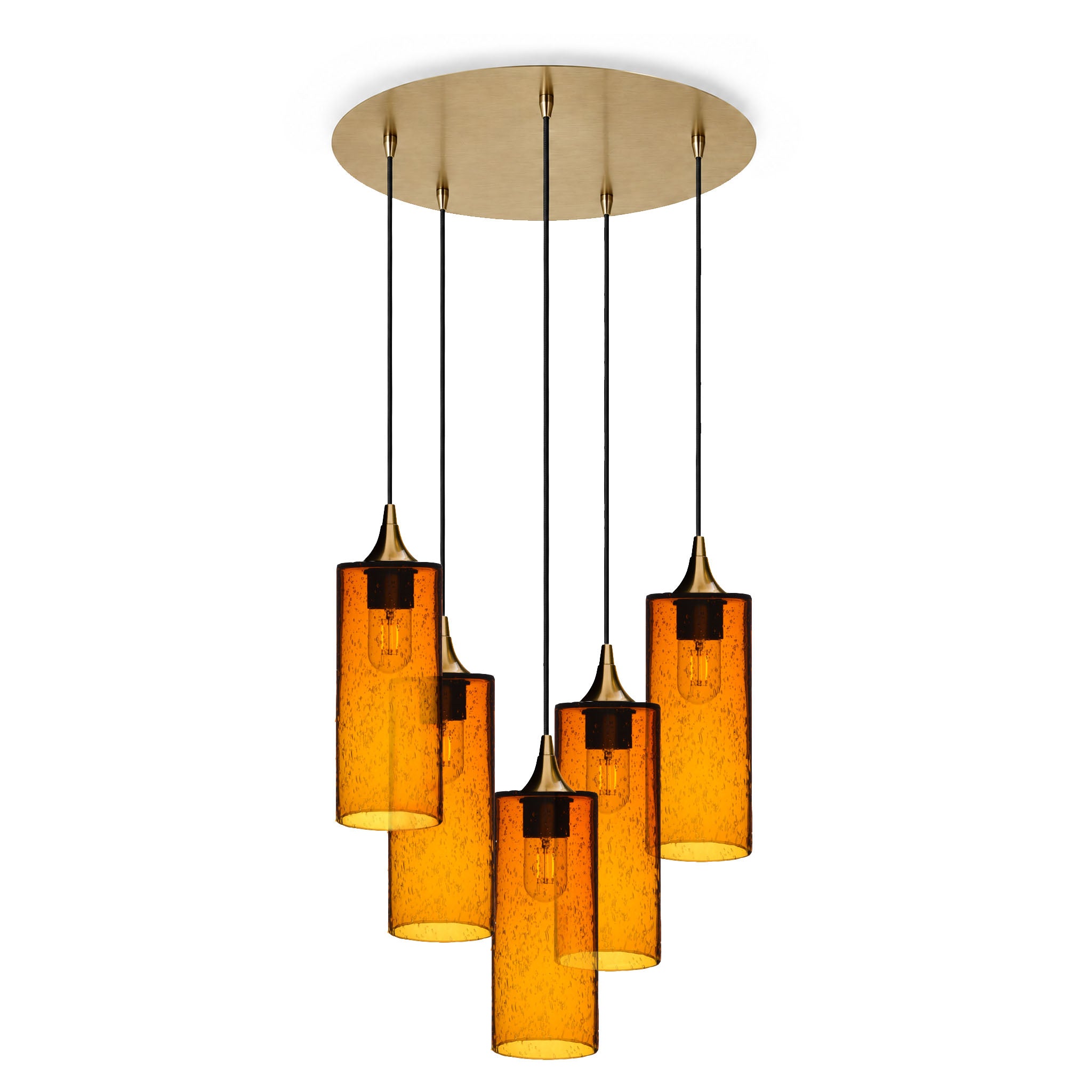 515 5 Pendant Cascade Chandelier-Glass-Bicycle Glass Co-Lunar-Golden Amber-Polished Brass - 4ft Cord-Bicycle Glass Co