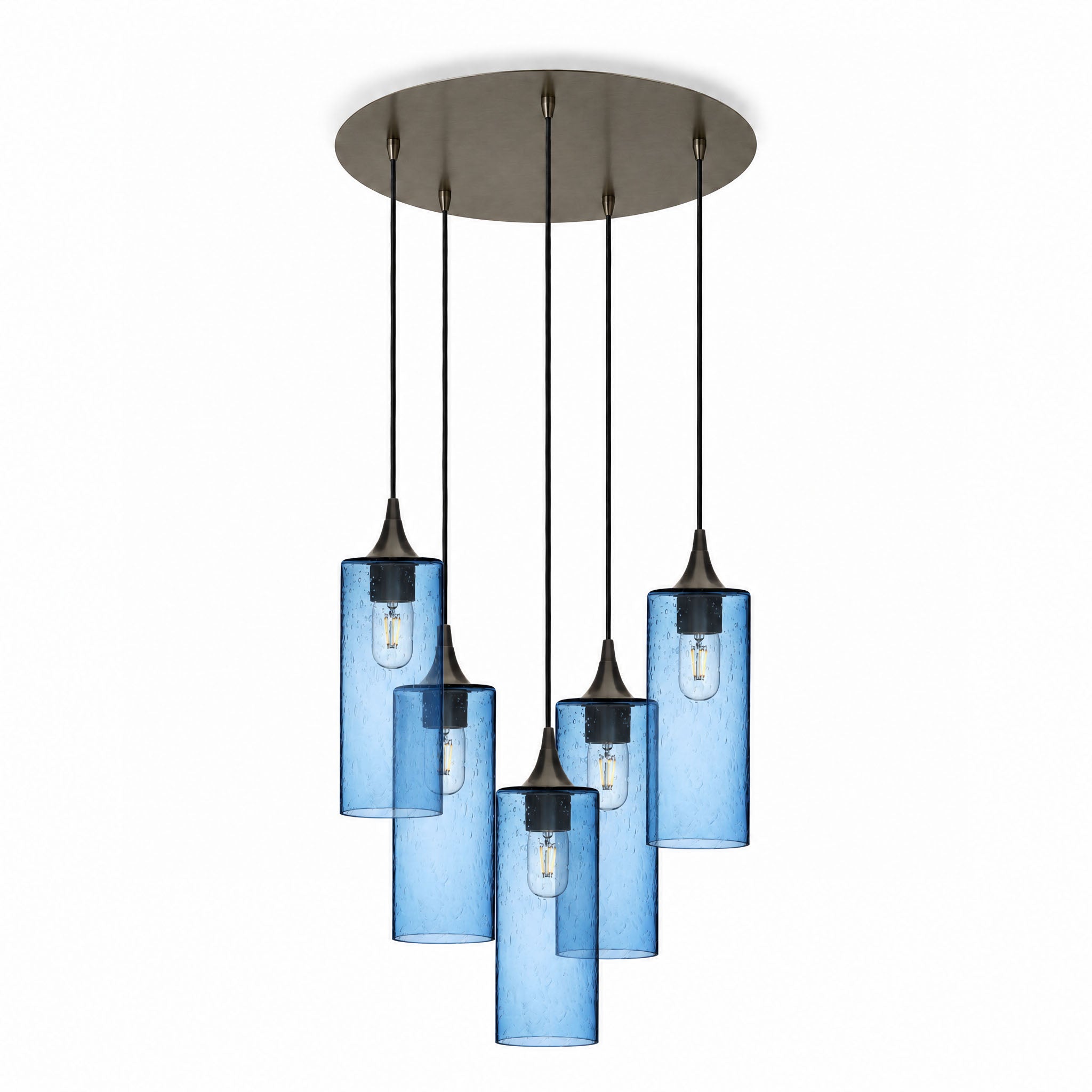 515 5 Pendant Cascade Chandelier-Glass-Bicycle Glass Co-Lunar-Steel Blue-Antique Bronze - 4ft Cord-Bicycle Glass Co