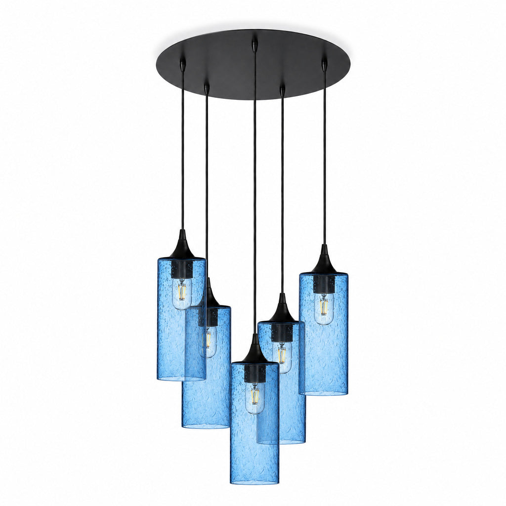 515 5 Pendant Cascade Chandelier-Glass-Bicycle Glass Co-Lunar-Steel Blue-Matte Black - 4ft Cord-Bicycle Glass Co