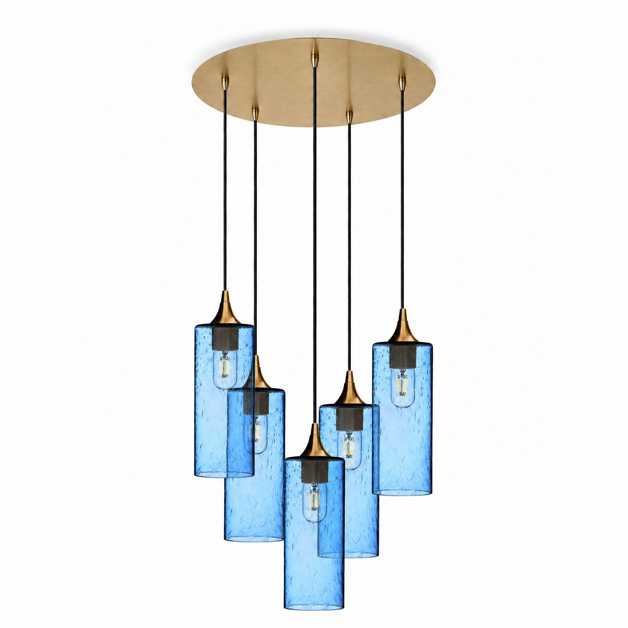 515 5 Pendant Cascade Chandelier-Glass-Bicycle Glass Co-Lunar-Steel Blue-Polished Brass - 4ft Cord-Bicycle Glass Co