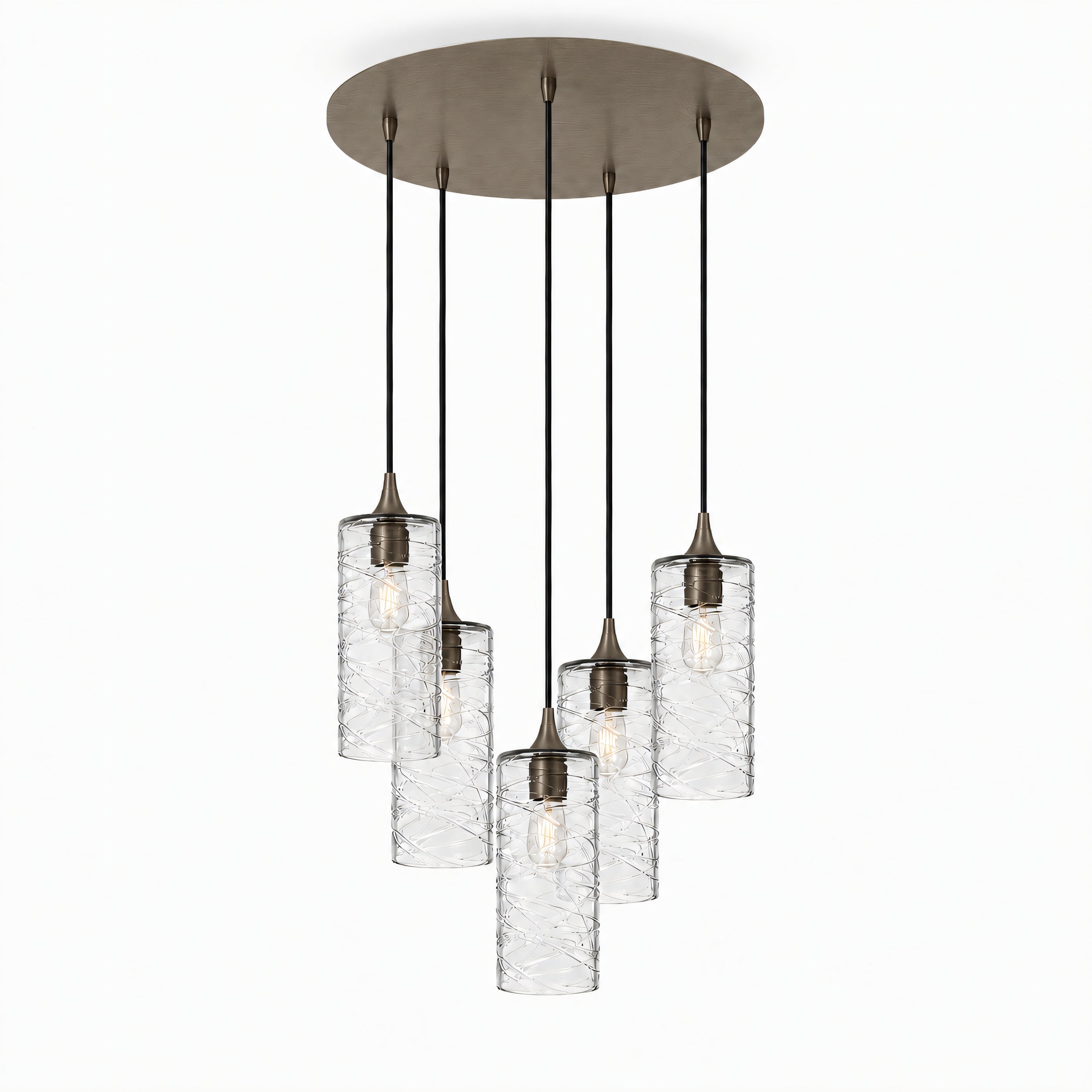 515 5 Pendant Cascade Chandelier-Glass-Bicycle Glass Co-Spun-Eco Clear-Antique Bronze - 4ft Cord-Bicycle Glass Co