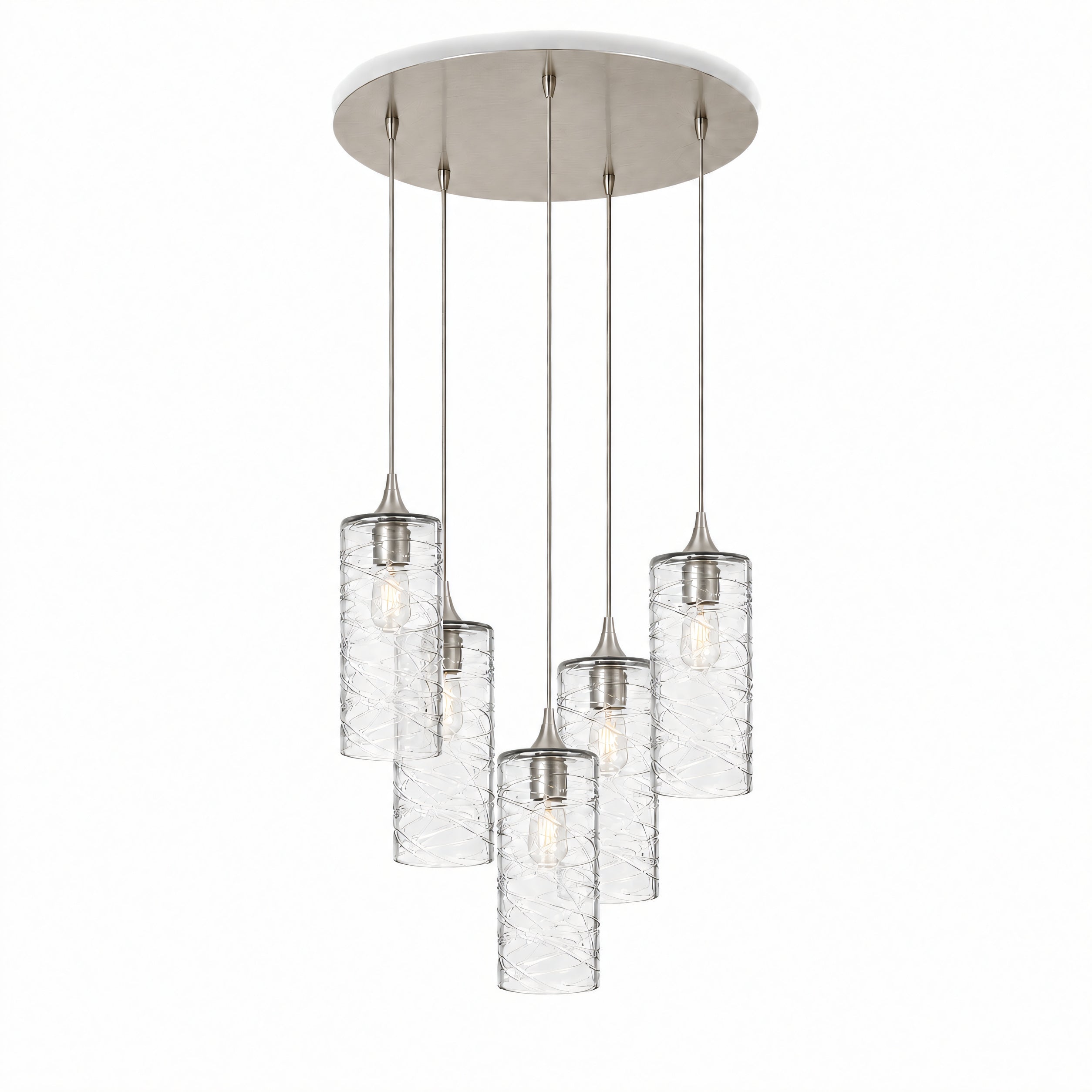 515 5 Pendant Cascade Chandelier-Glass-Bicycle Glass Co-Spun-Eco Clear-Brushed Nickel - 4ft Cord-Bicycle Glass Co
