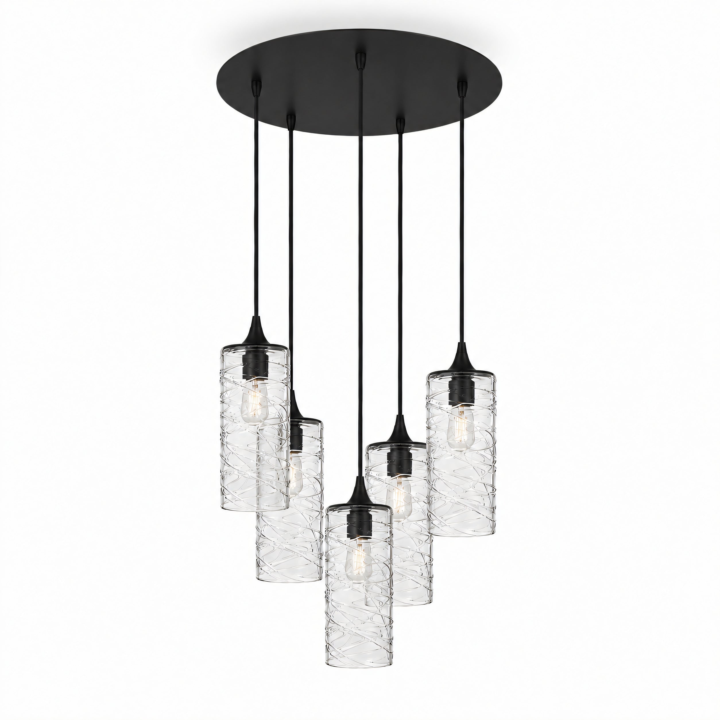 515 5 Pendant Cascade Chandelier-Glass-Bicycle Glass Co-Spun-Eco Clear-Matte Black - 4ft Cord-Bicycle Glass Co