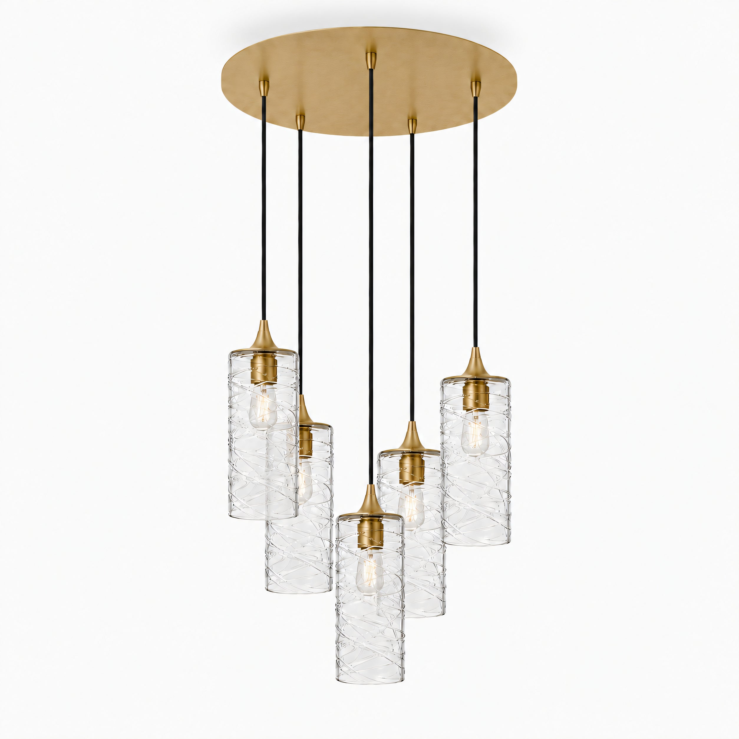 515 5 Pendant Cascade Chandelier-Glass-Bicycle Glass Co-Spun-Eco Clear-Polished Brass - 4ft Cord-Bicycle Glass Co