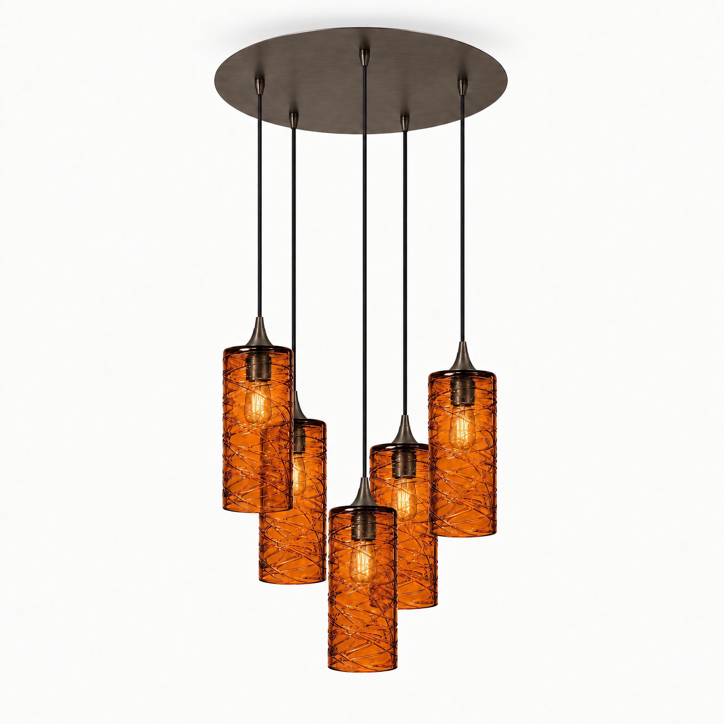 515 5 Pendant Cascade Chandelier-Glass-Bicycle Glass Co-Spun-Golden Amber-Antique Bronze - 4ft Cord-Bicycle Glass Co