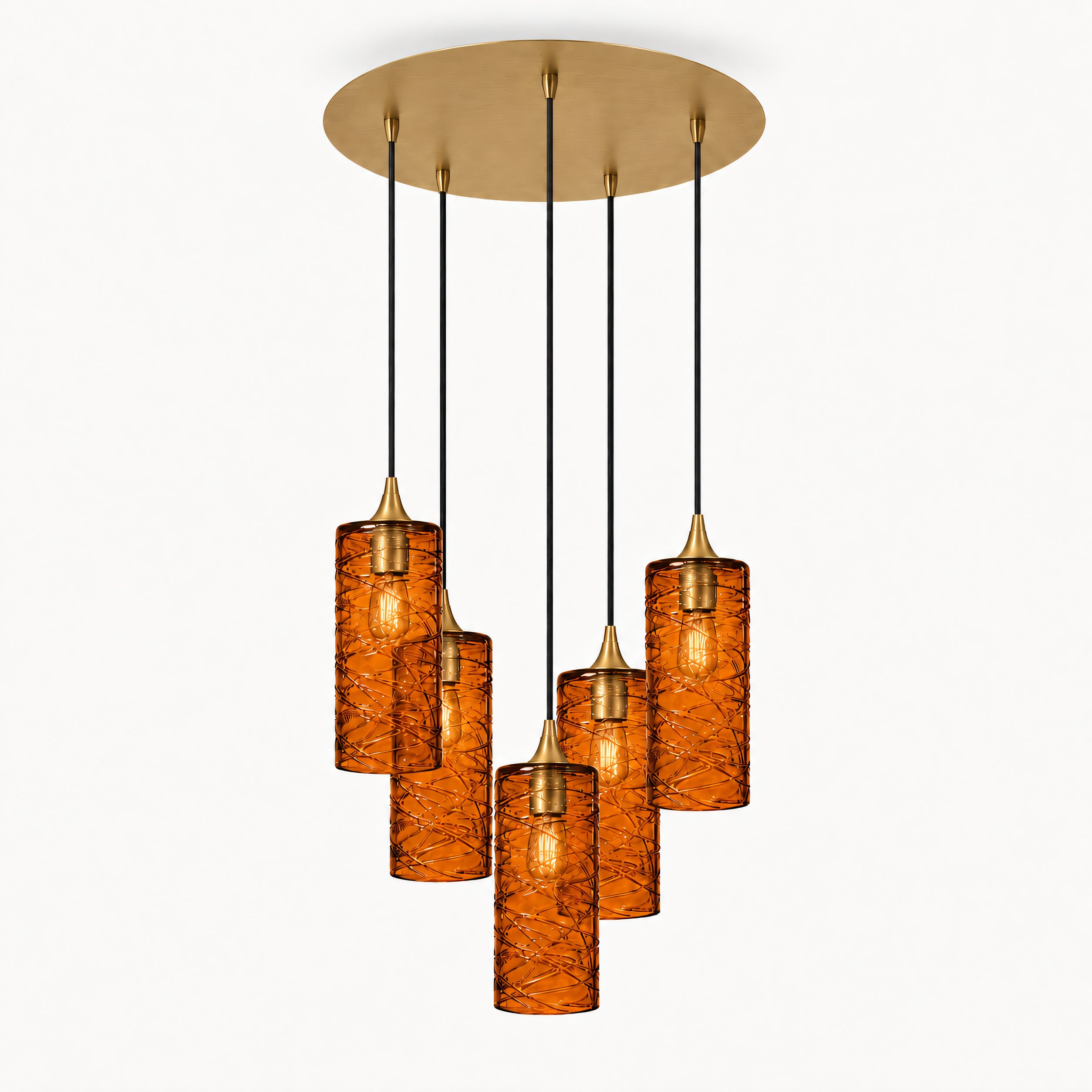 515 5 Pendant Cascade Chandelier-Glass-Bicycle Glass Co-Spun-Golden Amber-Polished Brass - 4ft Cord-Bicycle Glass Co
